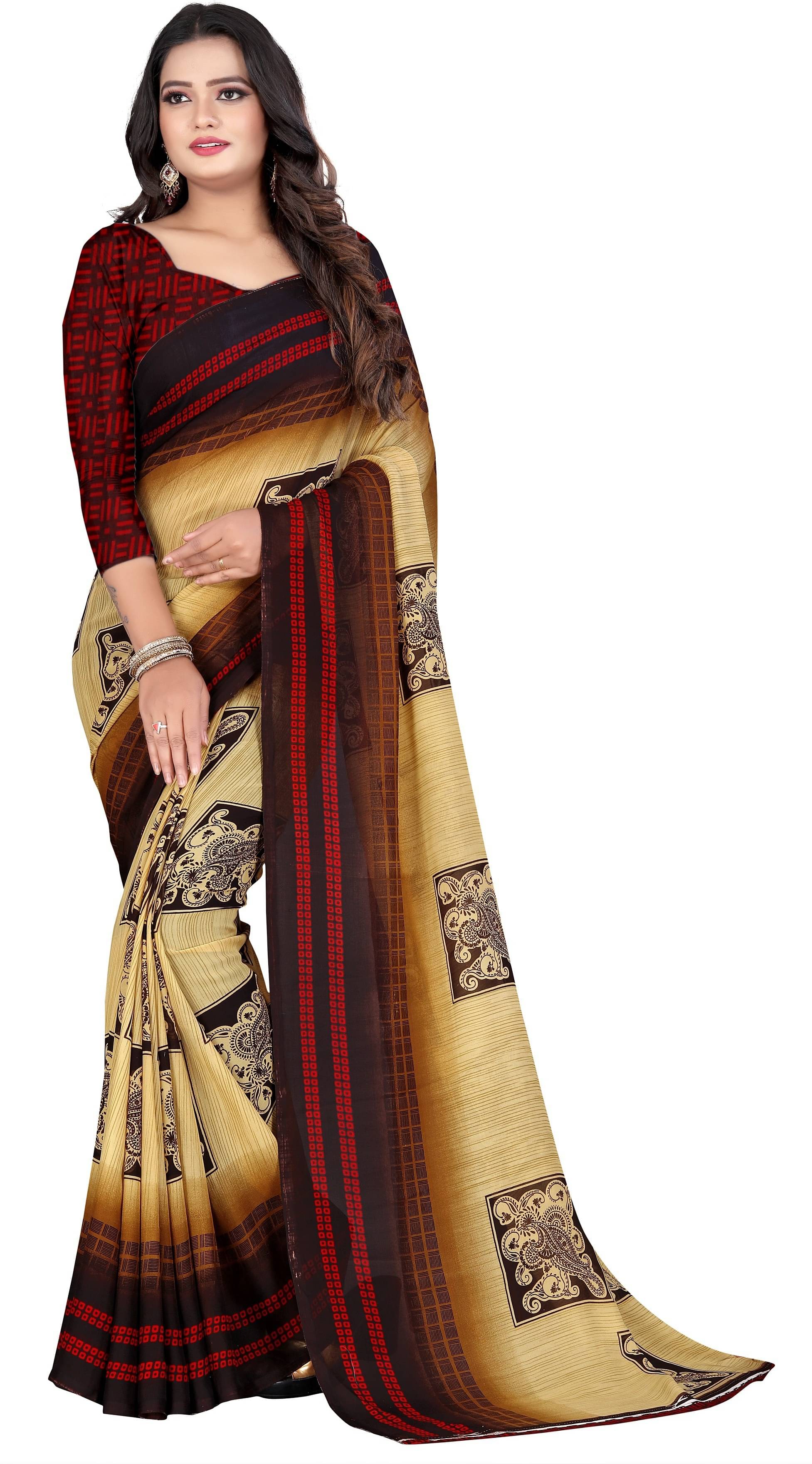 LEELAVATI Georgette Printed Saree With Unstitched Blouse Piece ( Beige ) LEELAVATI Georgette Printed Saree With Unstitched Blouse Piece ( Beige )