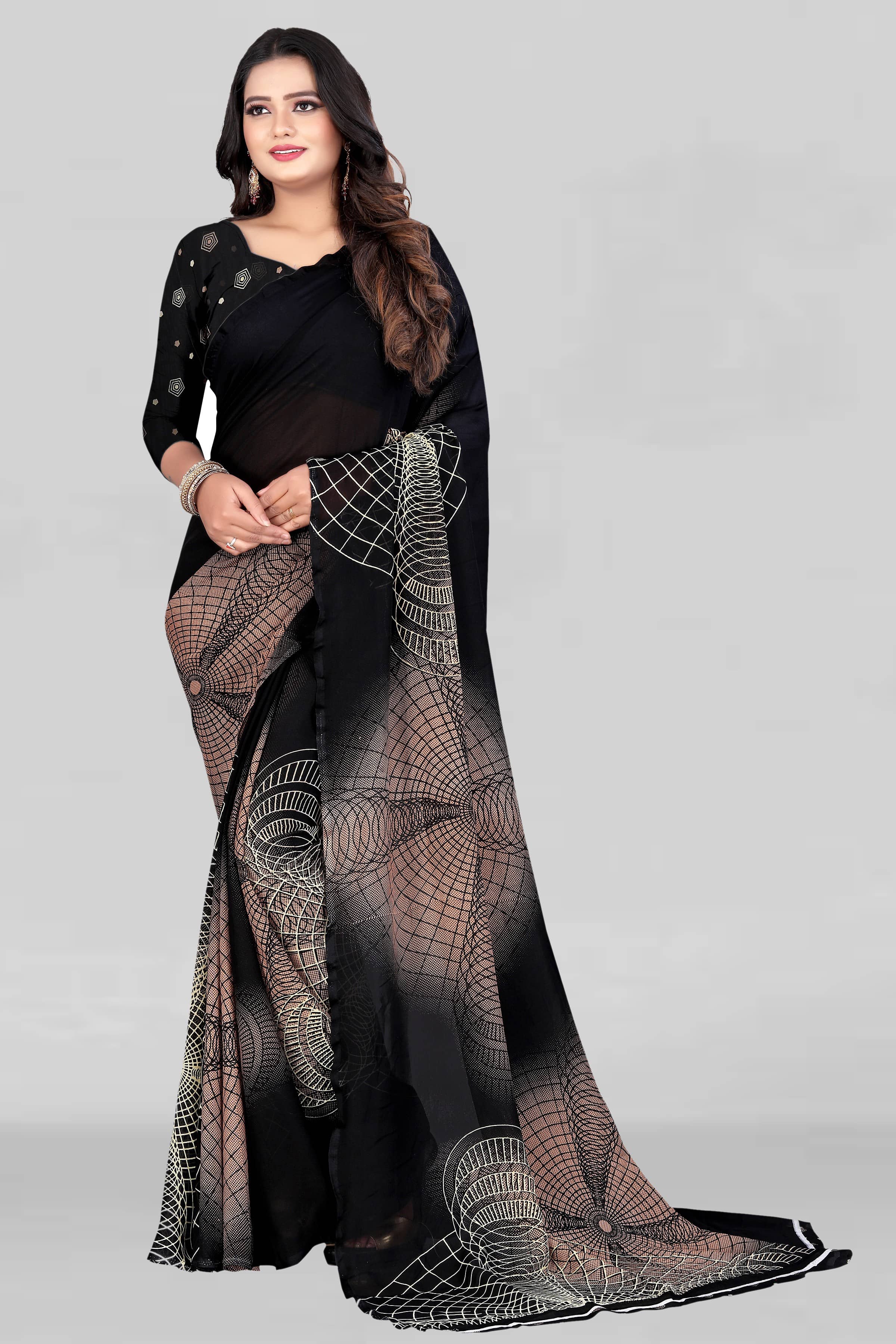 LEELAVATI Georgette Printed Saree With Unstitched Blouse Piece ( Black ) - Sarees | Buy online on ZillyBuy