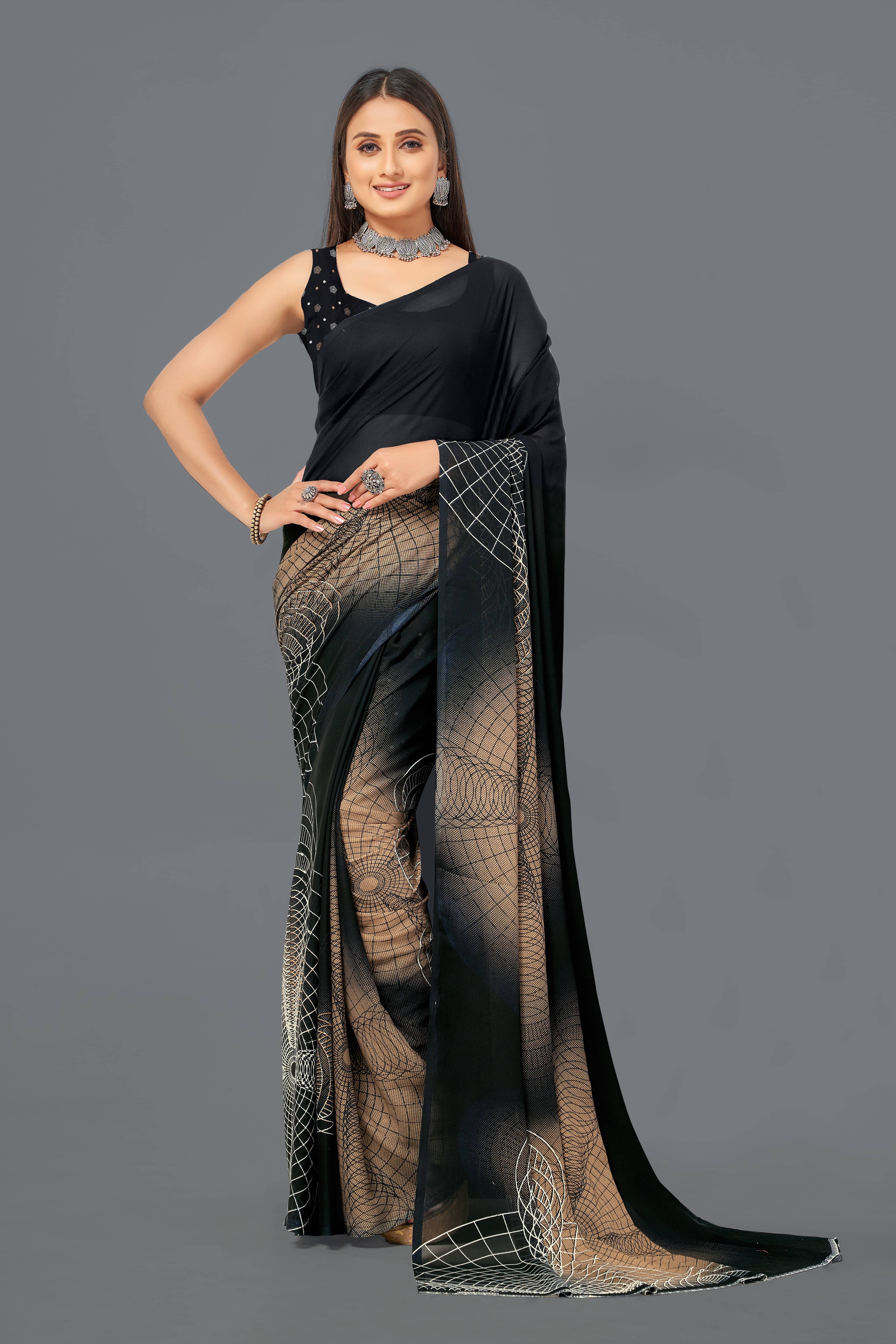 LEELAVATI Georgette Printed Saree With Unstitched Blouse Piece ( Black ) LEELAVATI Georgette Printed Saree With Unstitched Blouse Piece ( Black )