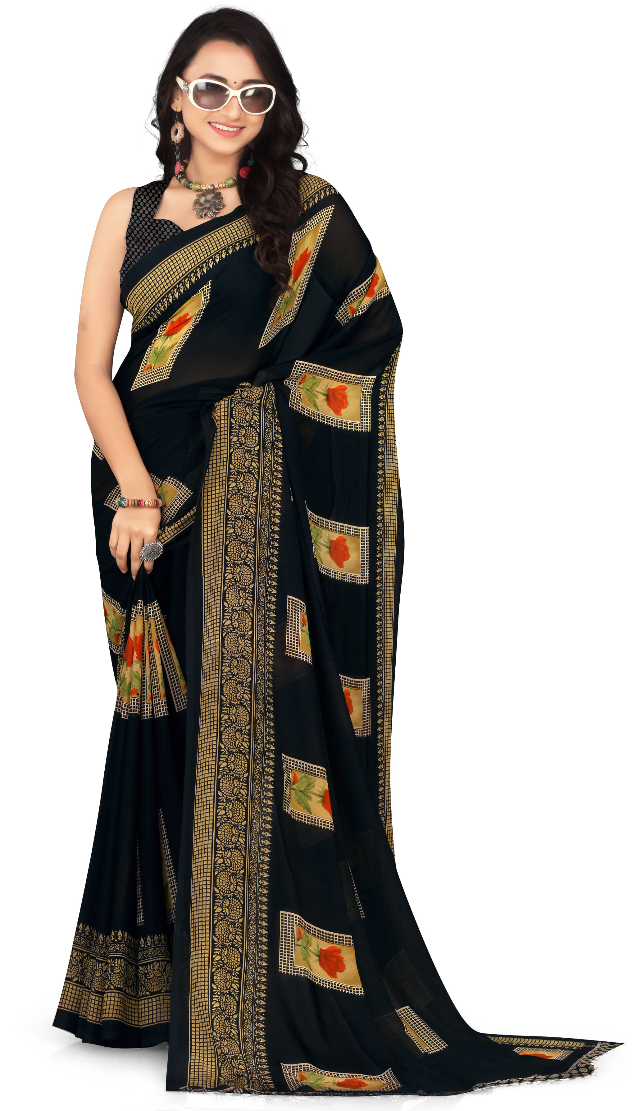     			LEELAVATI Georgette Printed Saree With Unstitched Blouse Piece ( Black )