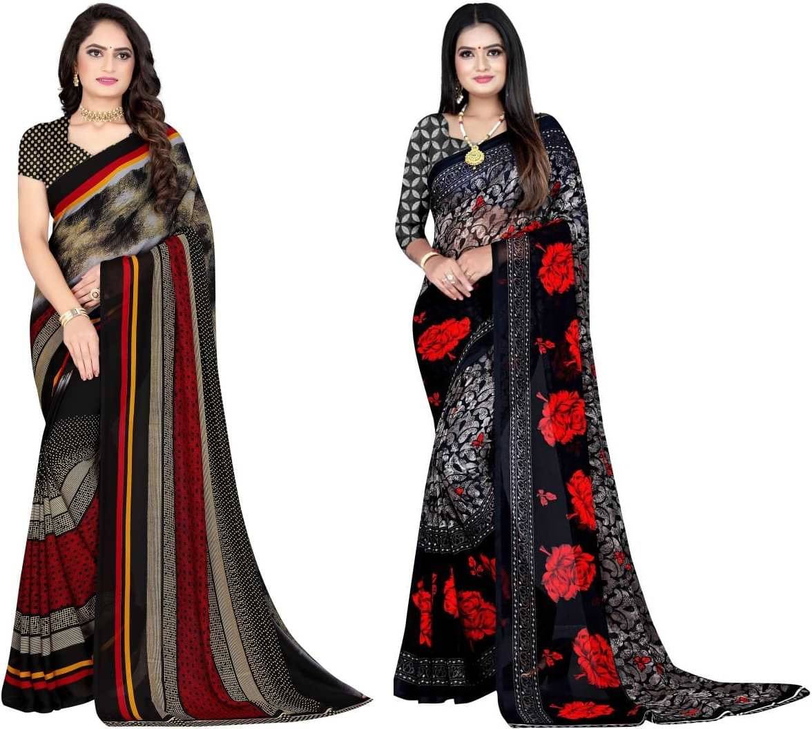 LEELAVATI Georgette Printed Saree With Unstitched Blouse Piece ( Black )     			LEELAVATI Georgette Printed Saree With Unstitched Blouse Piece ( Black )