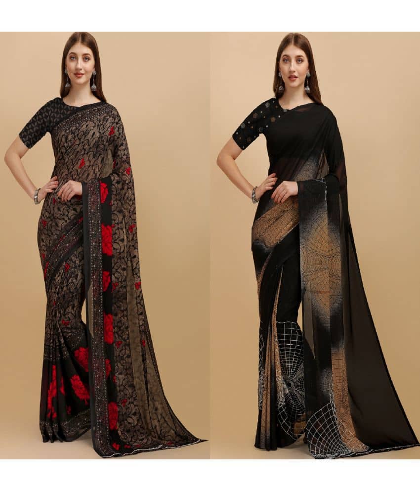 LEELAVATI Georgette Printed Saree With Unstitched Blouse Piece ( Black ) - Sarees | Buy online on ZillyBuy