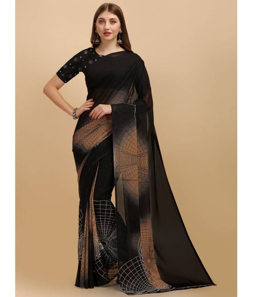 LEELAVATI Georgette Printed Saree With Unstitched Blouse Piece ( Black )