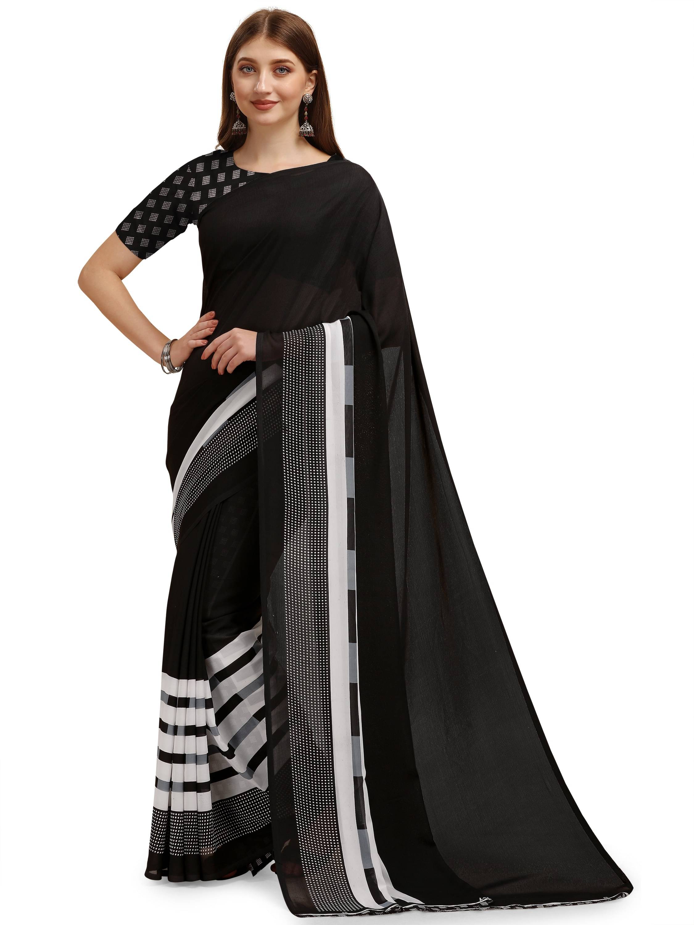 LEELAVATI Georgette Printed Saree With Unstitched Blouse Piece ( Black ) LEELAVATI Georgette Printed Saree With Unstitched Blouse Piece ( Black )