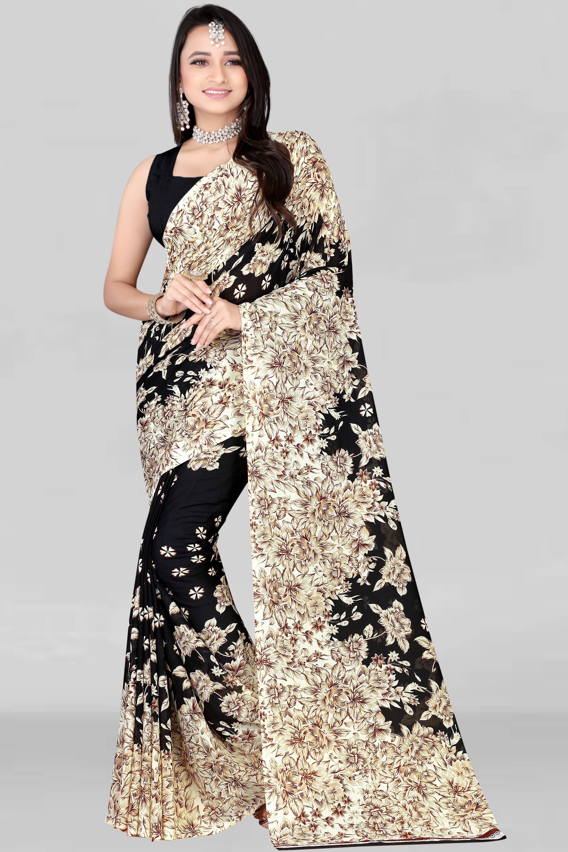 LEELAVATI Georgette Printed Saree With Unstitched Blouse Piece ( Black ) LEELAVATI Georgette Printed Saree With Unstitched Blouse Piece ( Black )