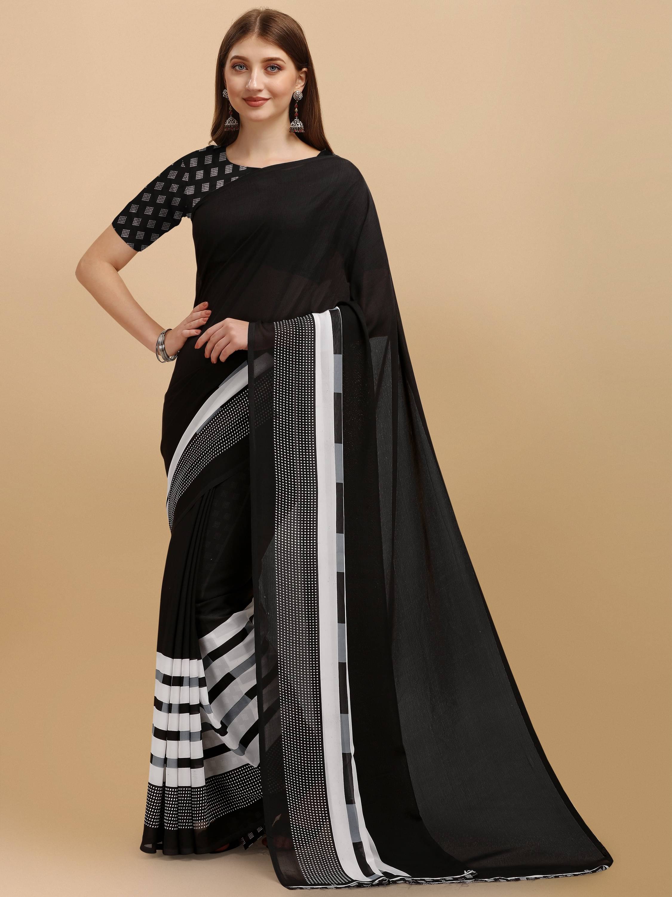 LEELAVATI Georgette Printed Saree With Unstitched Blouse Piece ( Black ) LEELAVATI Georgette Printed Saree With Unstitched Blouse Piece ( Black )
