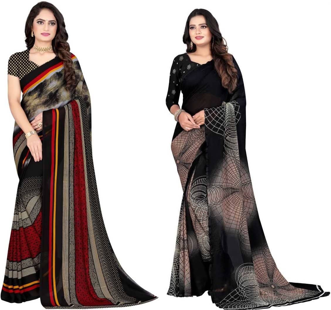 LEELAVATI Georgette Printed Saree With Unstitched Blouse Piece ( Black )