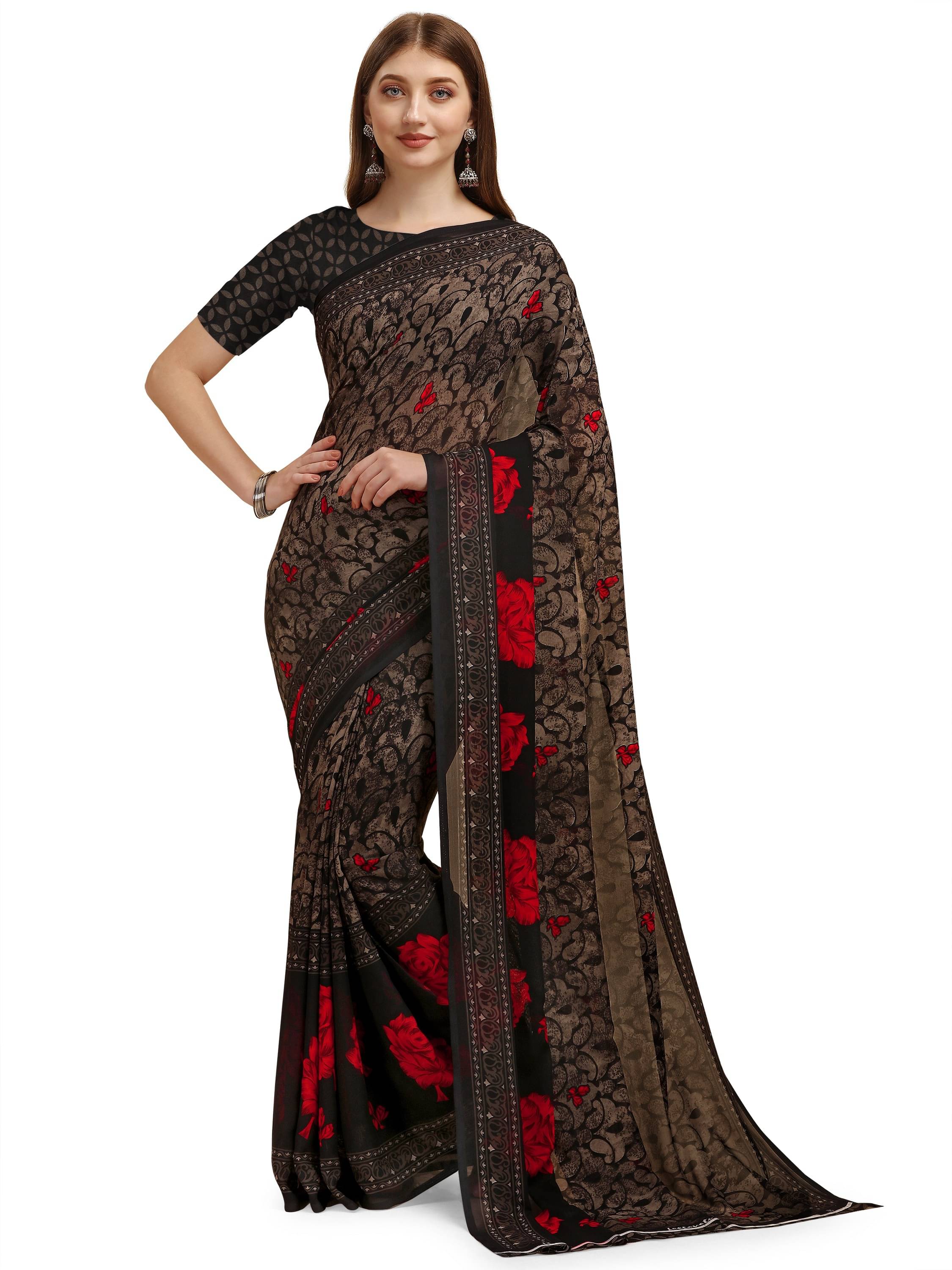 LEELAVATI Georgette Printed Saree With Unstitched Blouse Piece ( Black ) LEELAVATI Georgette Printed Saree With Unstitched Blouse Piece ( Black )