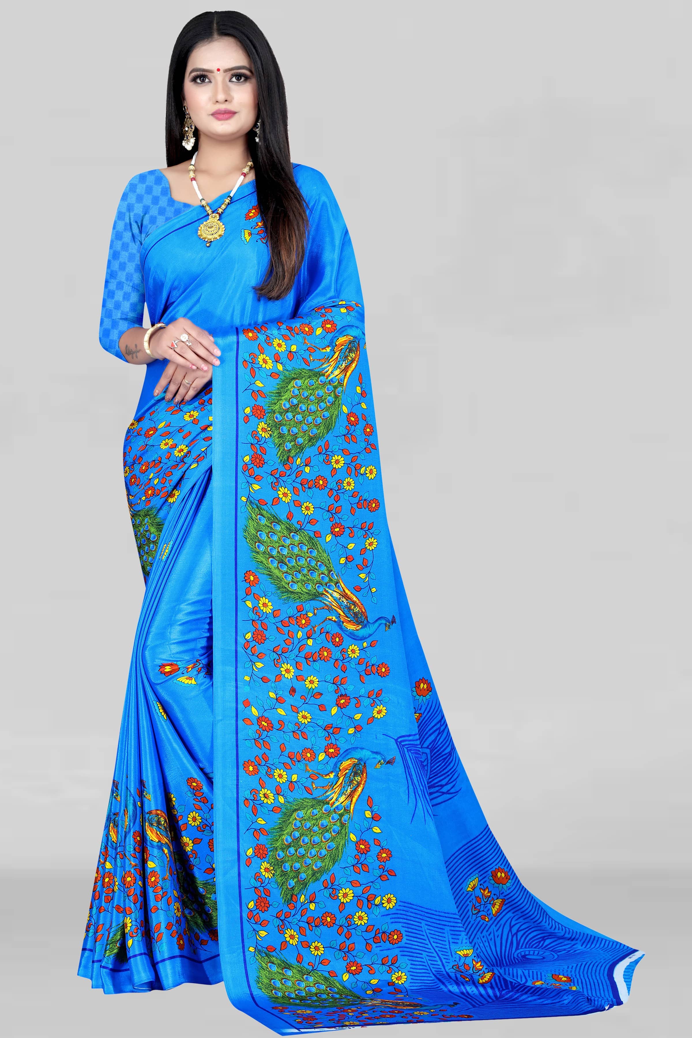 LEELAVATI Crepe Printed Saree With Unstitched Blouse Piece ( Blue ) - Sarees | Buy online on ZillyBuy