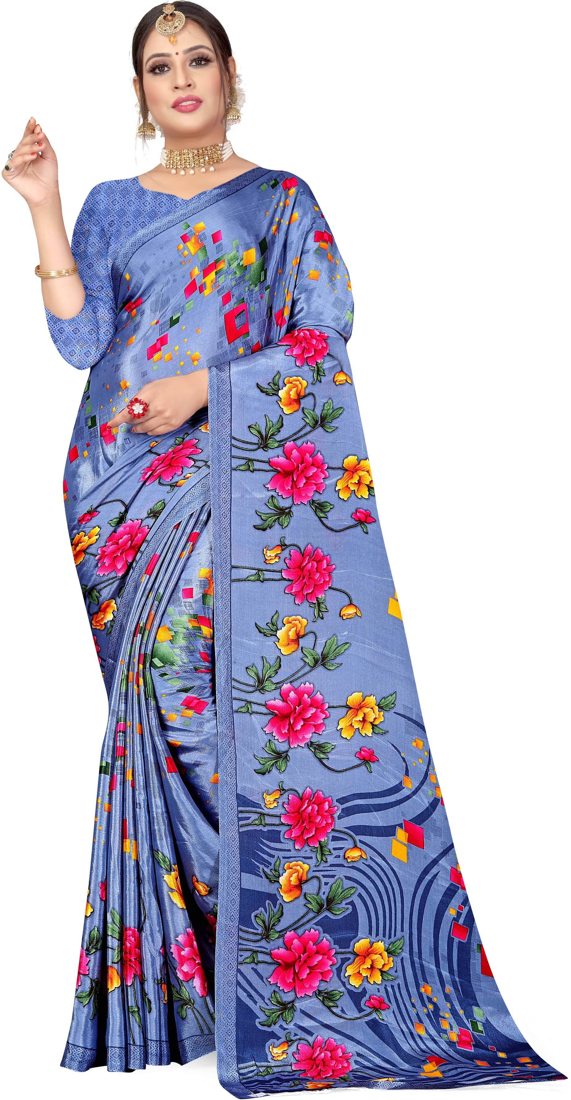     			LEELAVATI Crepe Printed Saree With Unstitched Blouse Piece ( Blue )