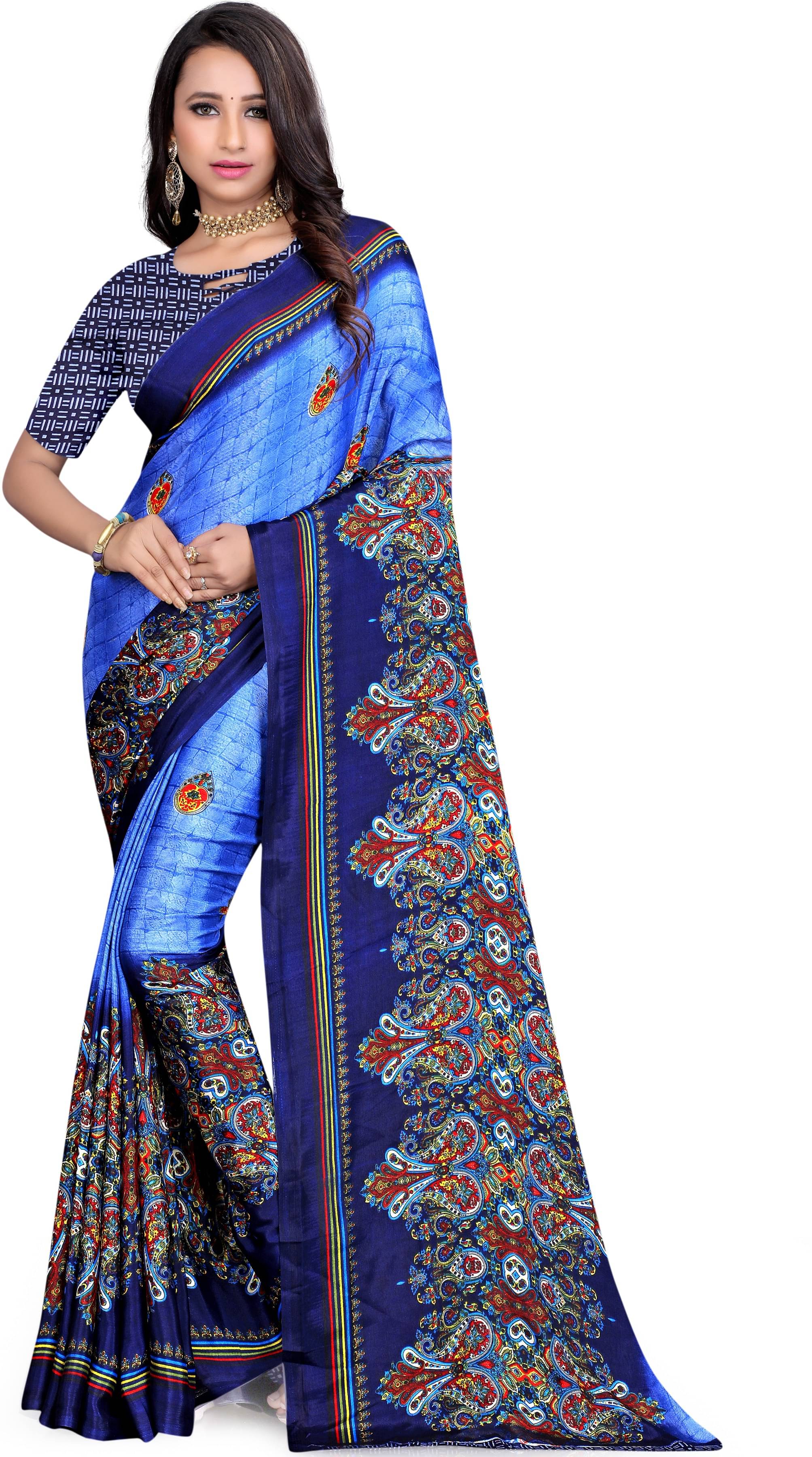 LEELAVATI Crepe Printed Saree With Unstitched Blouse Piece ( Blue ) LEELAVATI Crepe Printed Saree With Unstitched Blouse Piece ( Blue )