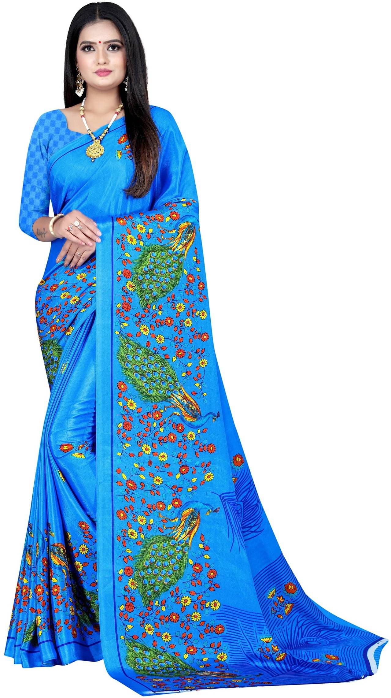 LEELAVATI Crepe Printed Saree With Unstitched Blouse Piece ( Blue ) LEELAVATI Crepe Printed Saree With Unstitched Blouse Piece ( Blue )