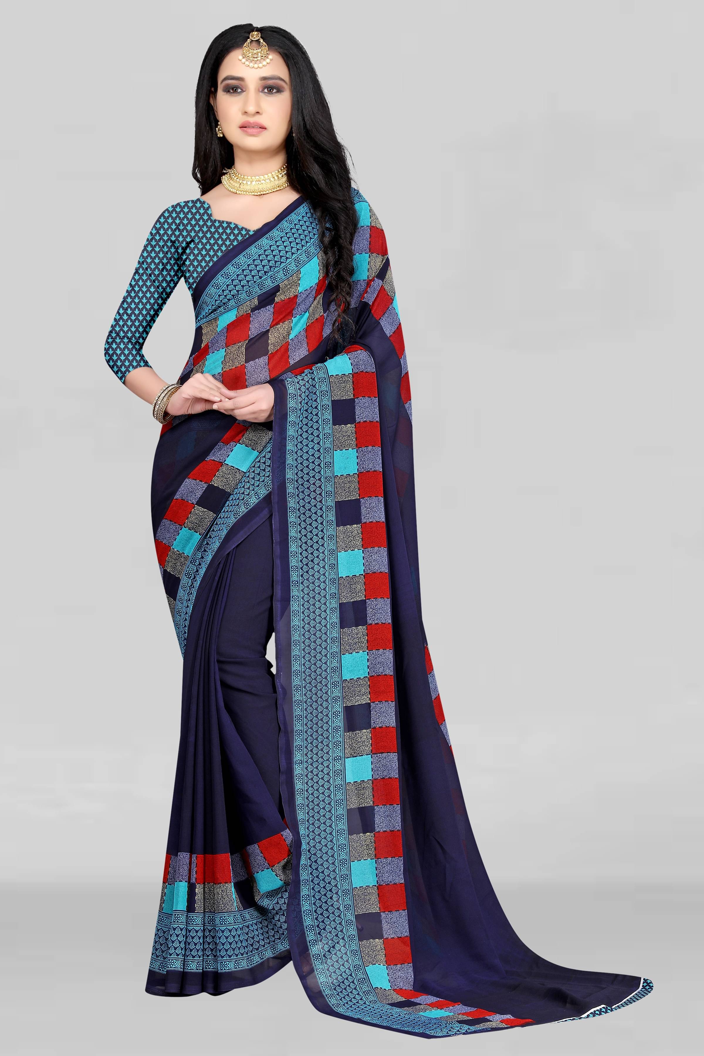     			LEELAVATI Georgette Printed Saree With Unstitched Blouse Piece ( Blue )