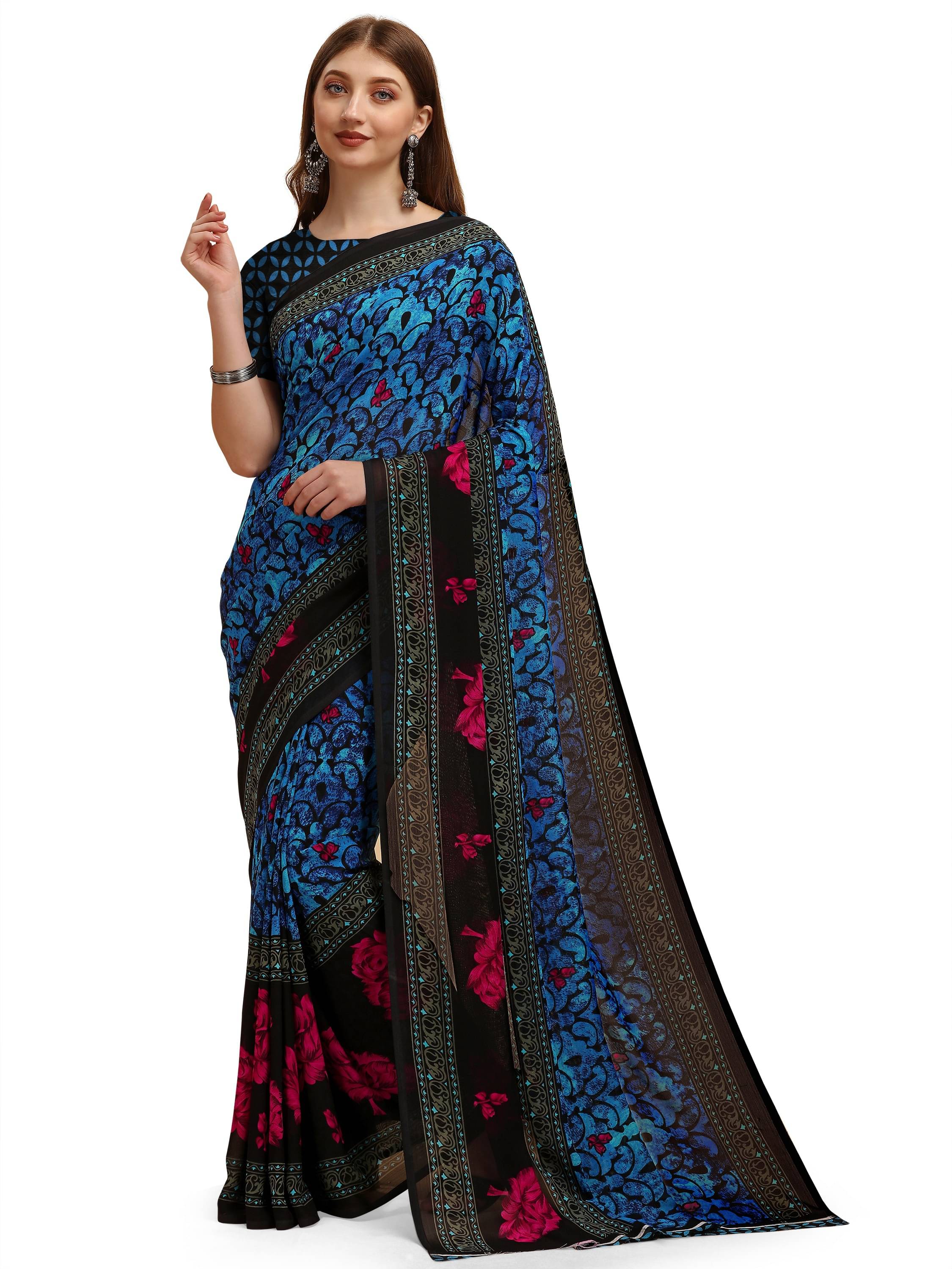     			LEELAVATI Georgette Printed Saree With Unstitched Blouse Piece ( Blue )