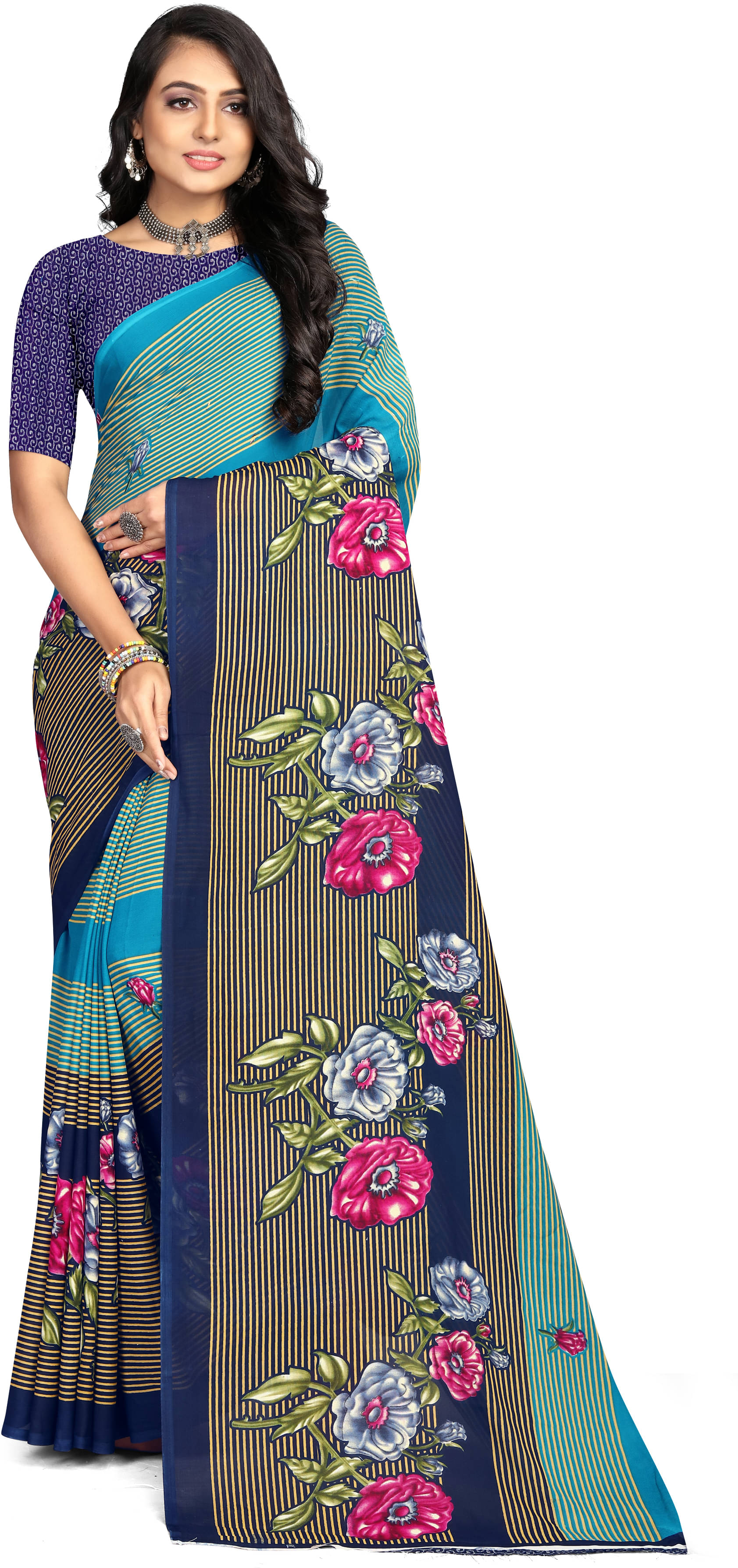 LEELAVATI Georgette Printed Saree With Unstitched Blouse Piece ( Blue ) LEELAVATI Georgette Printed Saree With Unstitched Blouse Piece ( Blue )