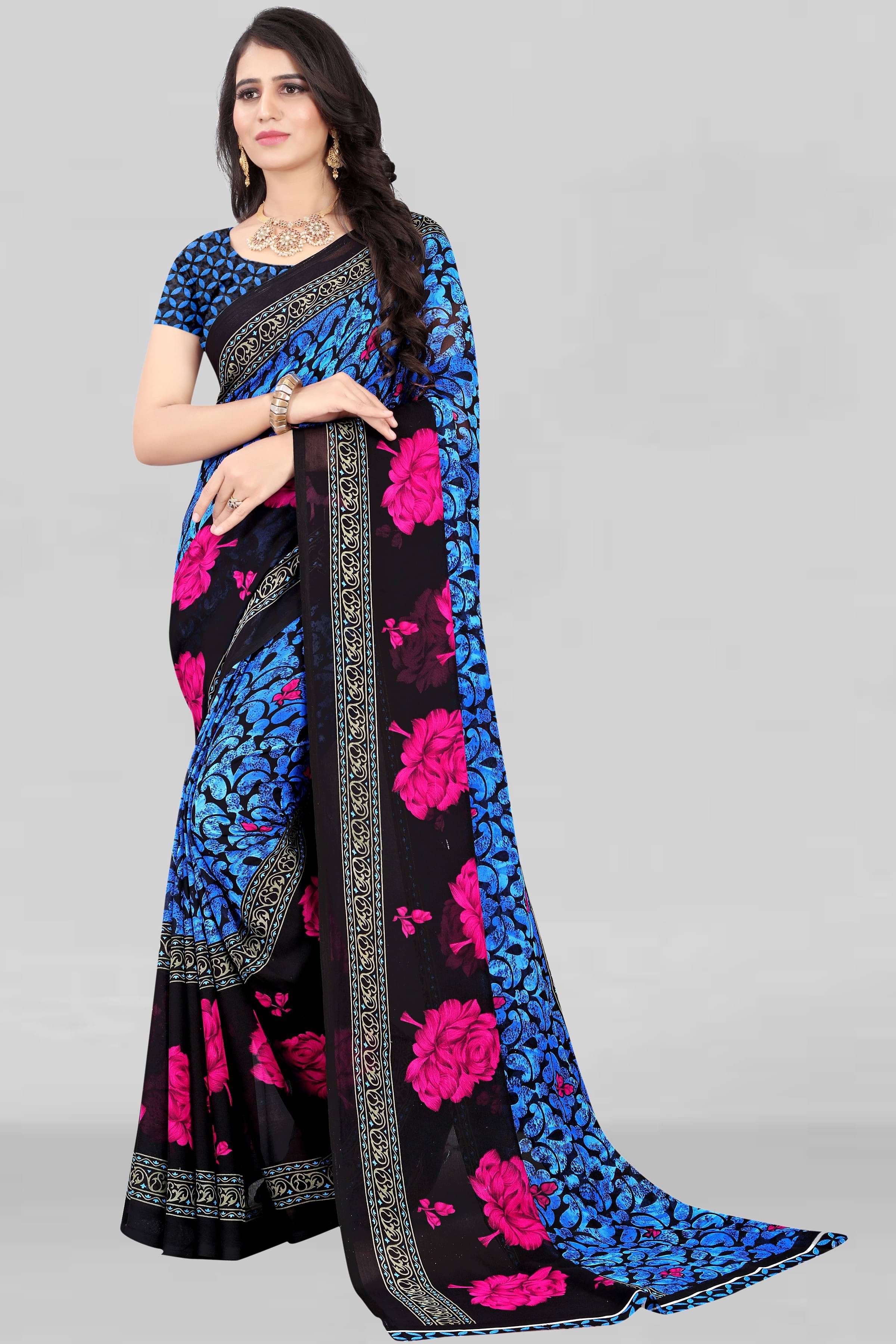LEELAVATI Georgette Printed Saree With Unstitched Blouse Piece ( Blue )     			LEELAVATI Georgette Printed Saree With Unstitched Blouse Piece ( Blue )