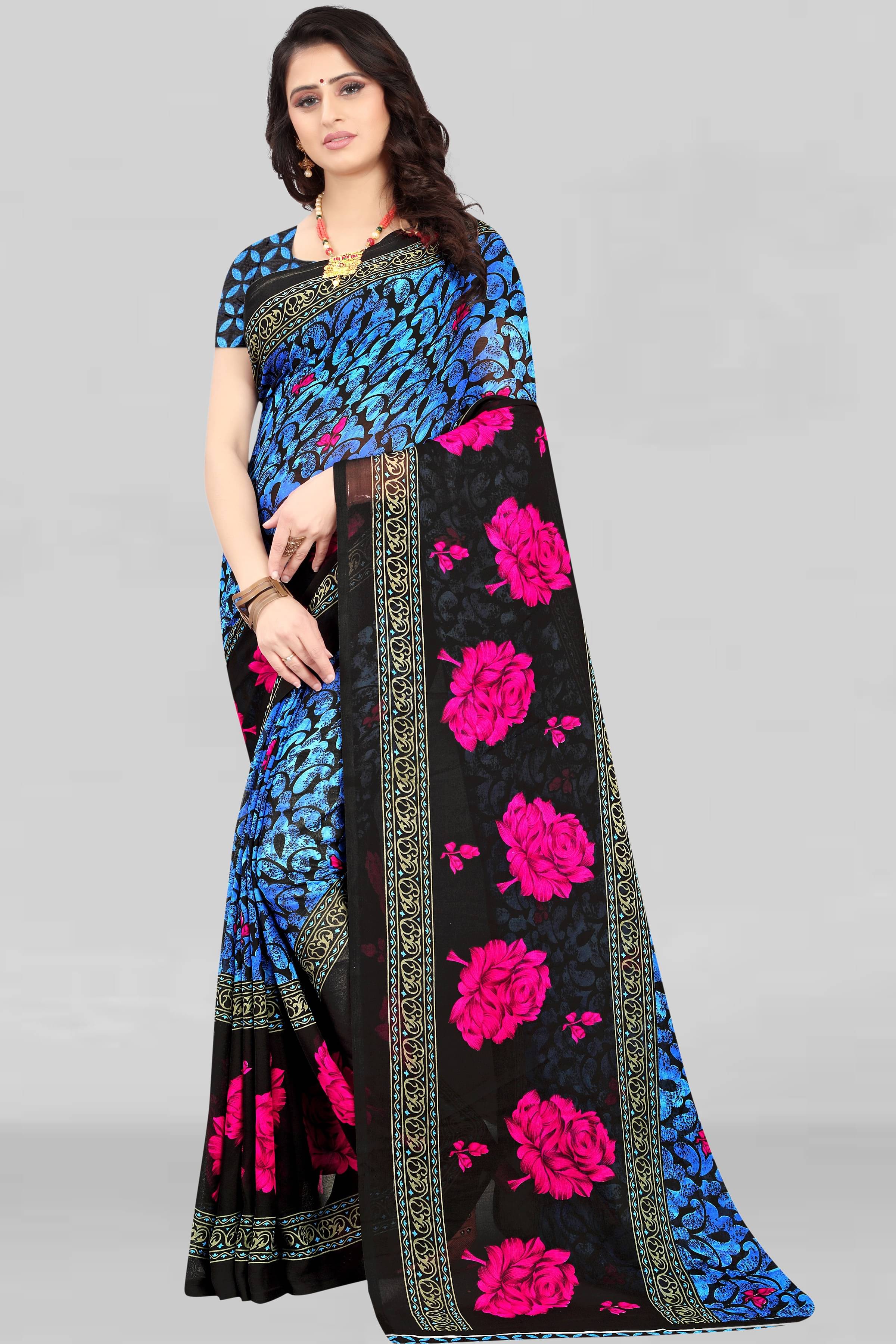 LEELAVATI Georgette Printed Saree With Unstitched Blouse Piece ( Blue ) LEELAVATI Georgette Printed Saree With Unstitched Blouse Piece ( Blue )