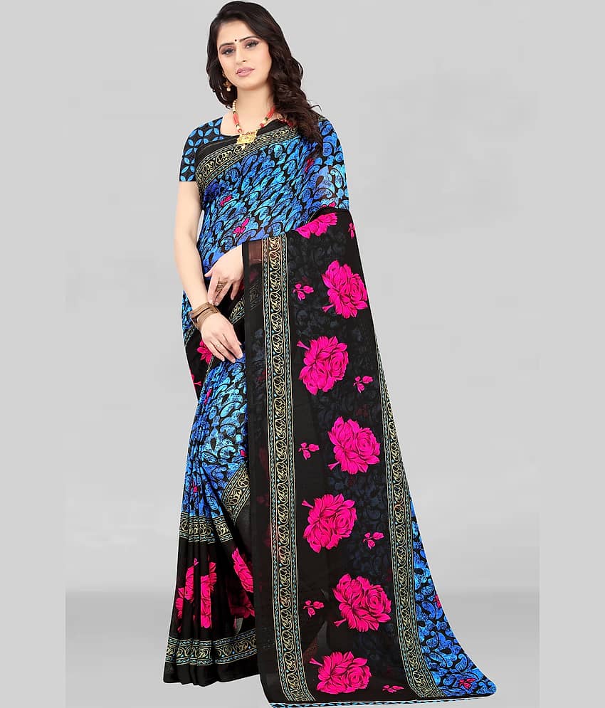 LEELAVATI Georgette Printed Saree With Unstitched Blouse Piece ( Blue ) - Sarees | Buy online on ZillyBuy