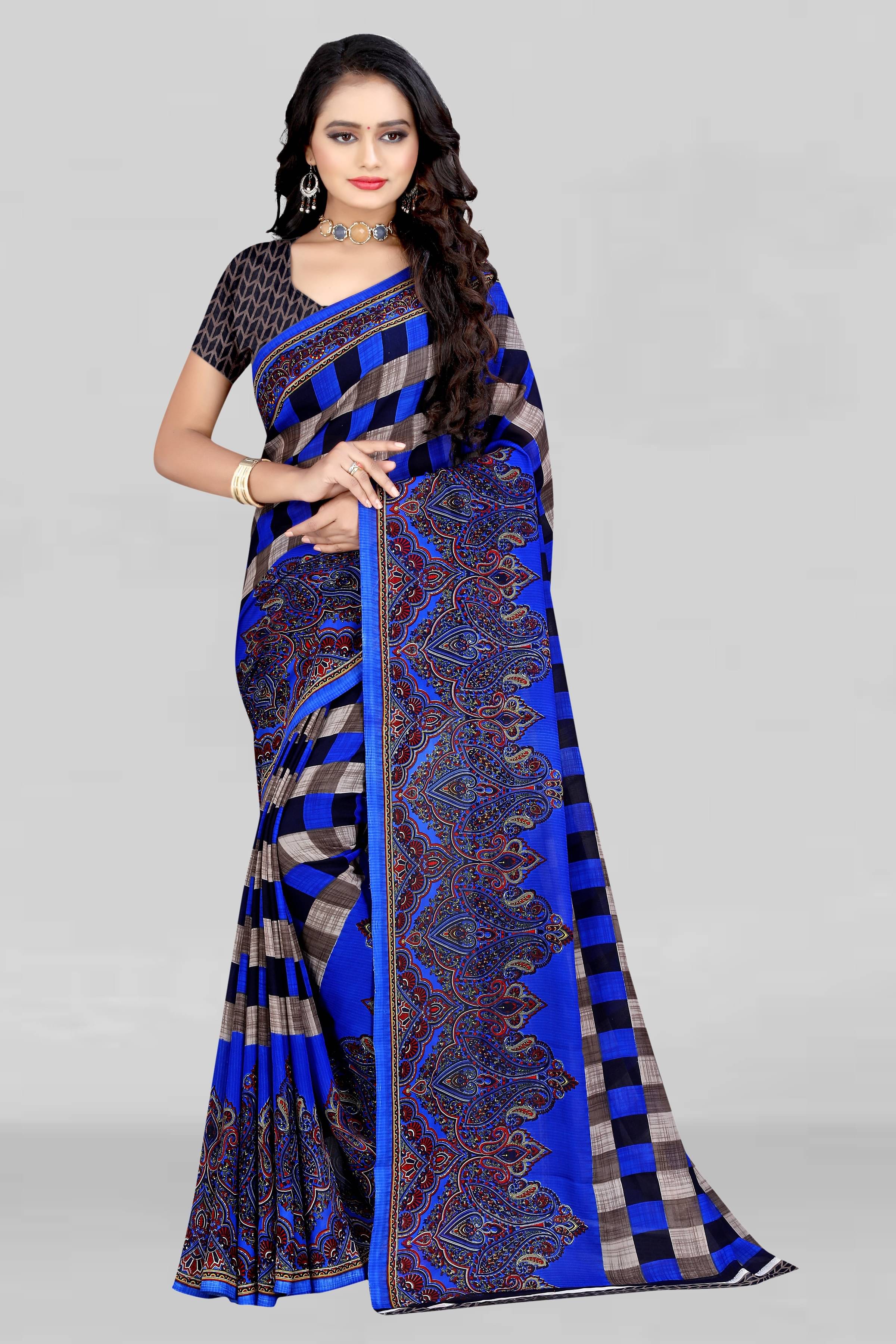     			LEELAVATI Georgette Checks Saree With Unstitched Blouse Piece ( Blue )