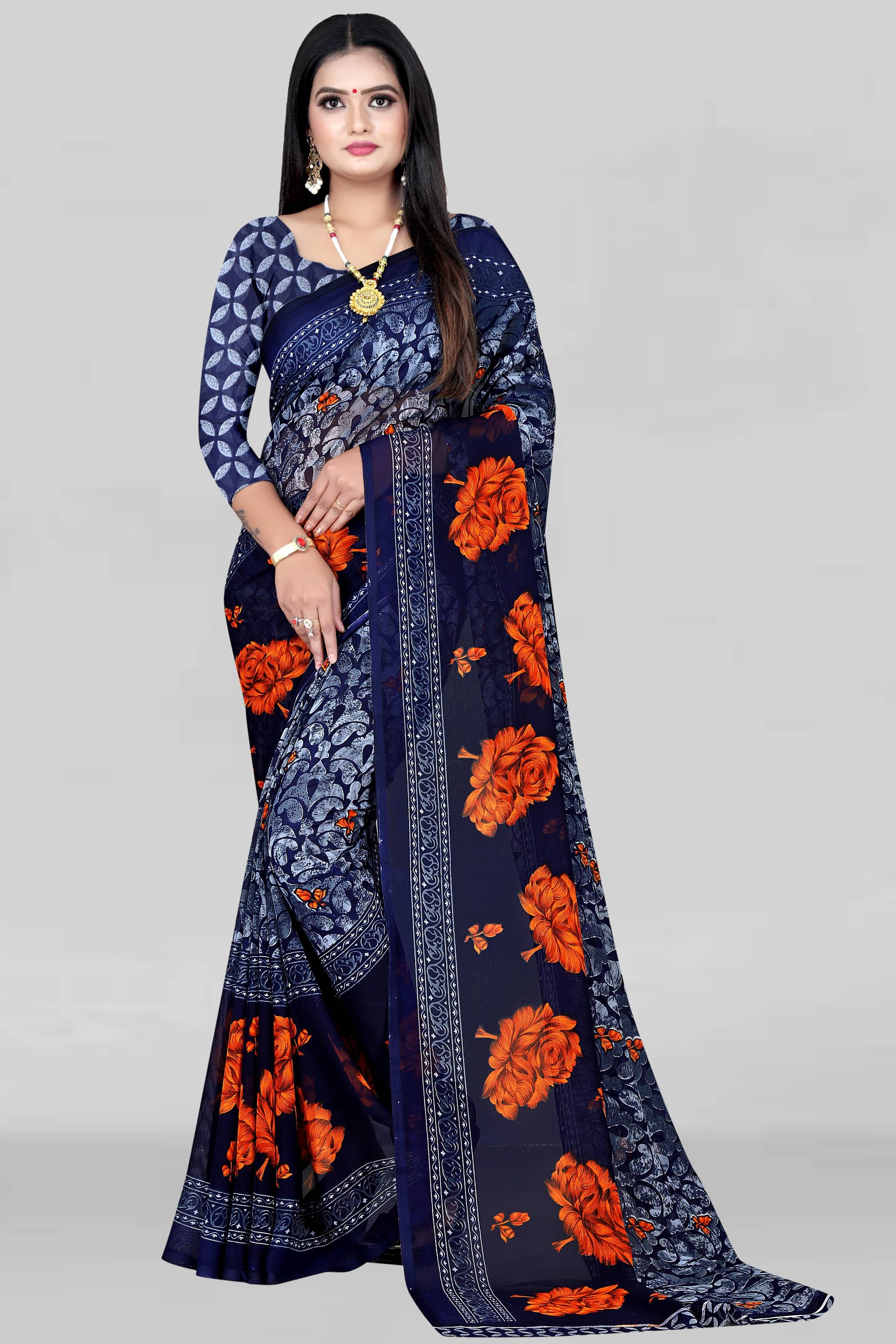     			LEELAVATI Georgette Printed Saree With Unstitched Blouse Piece ( Blue )