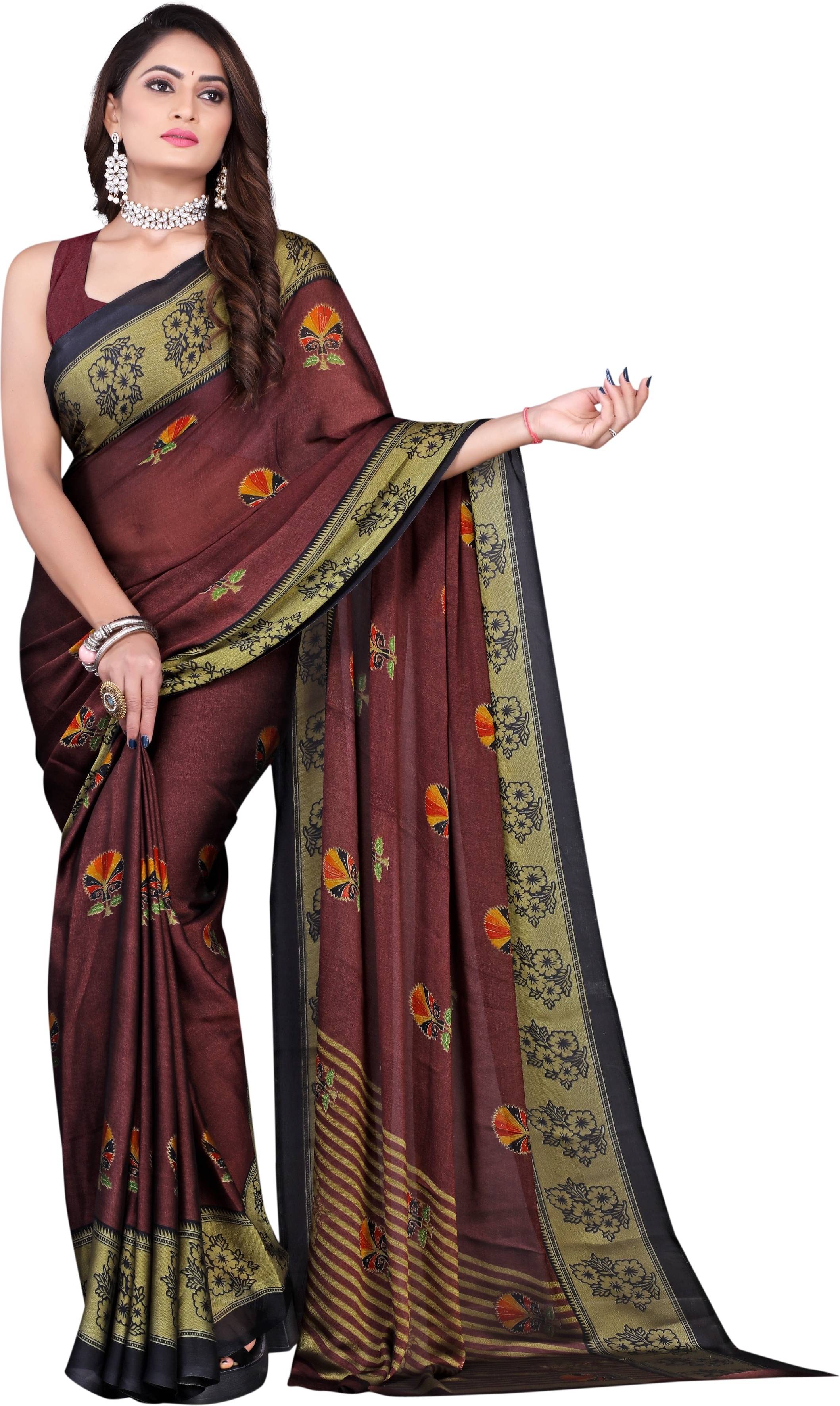     			LEELAVATI Chiffon Printed Saree With Unstitched Blouse Piece ( Brown )