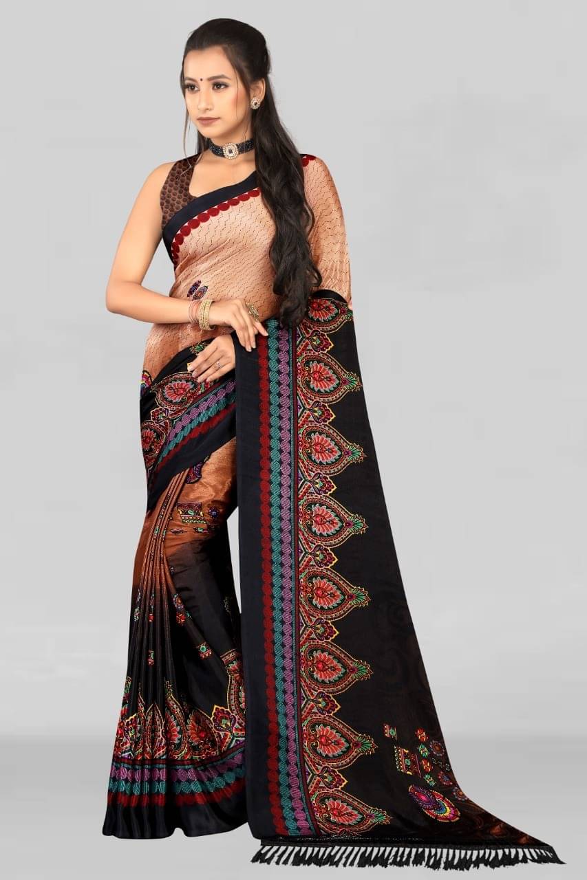 LEELAVATI Crepe Embroidered Saree With Unstitched Blouse Piece ( Brown ) LEELAVATI Crepe Embroidered Saree With Unstitched Blouse Piece ( Brown )