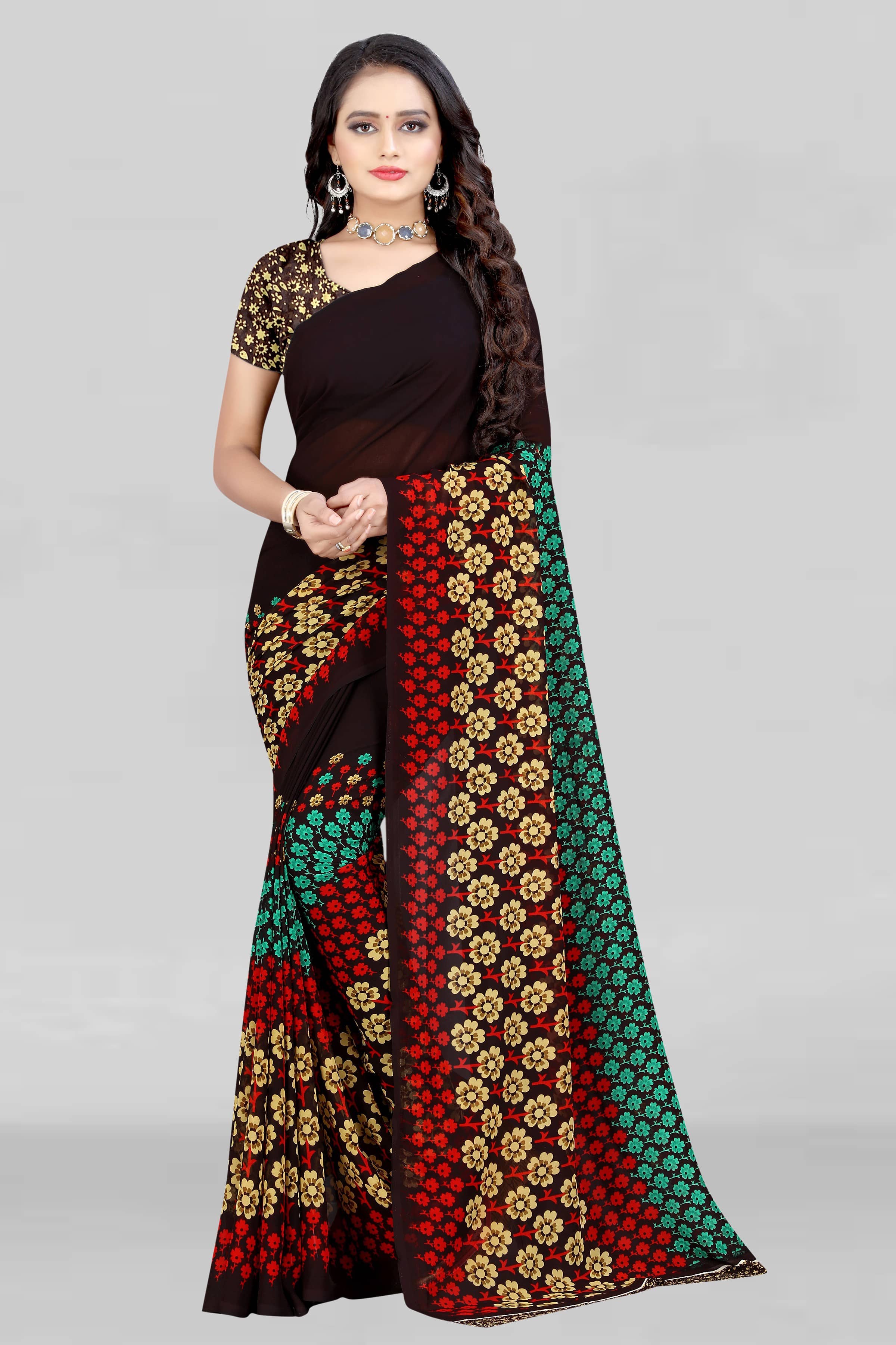 LEELAVATI Georgette Printed Saree With Unstitched Blouse Piece ( Brown )