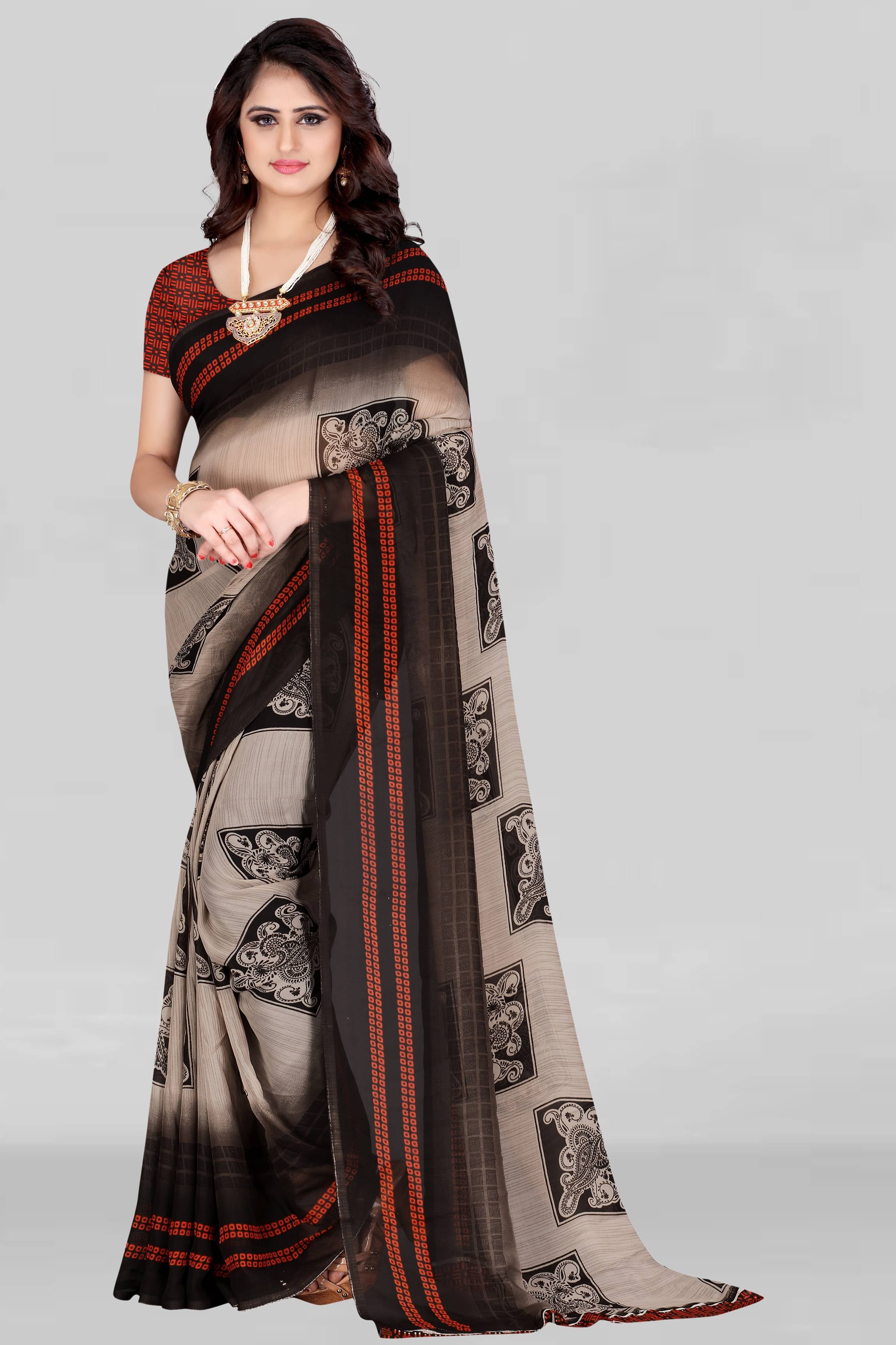     			LEELAVATI Georgette Printed Saree With Unstitched Blouse Piece ( Brown )