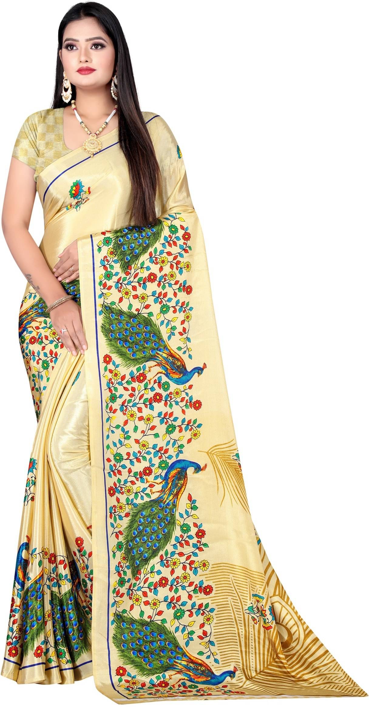 LEELAVATI Crepe Printed Saree With Unstitched Blouse Piece ( Gold ) LEELAVATI Crepe Printed Saree With Unstitched Blouse Piece ( Gold )