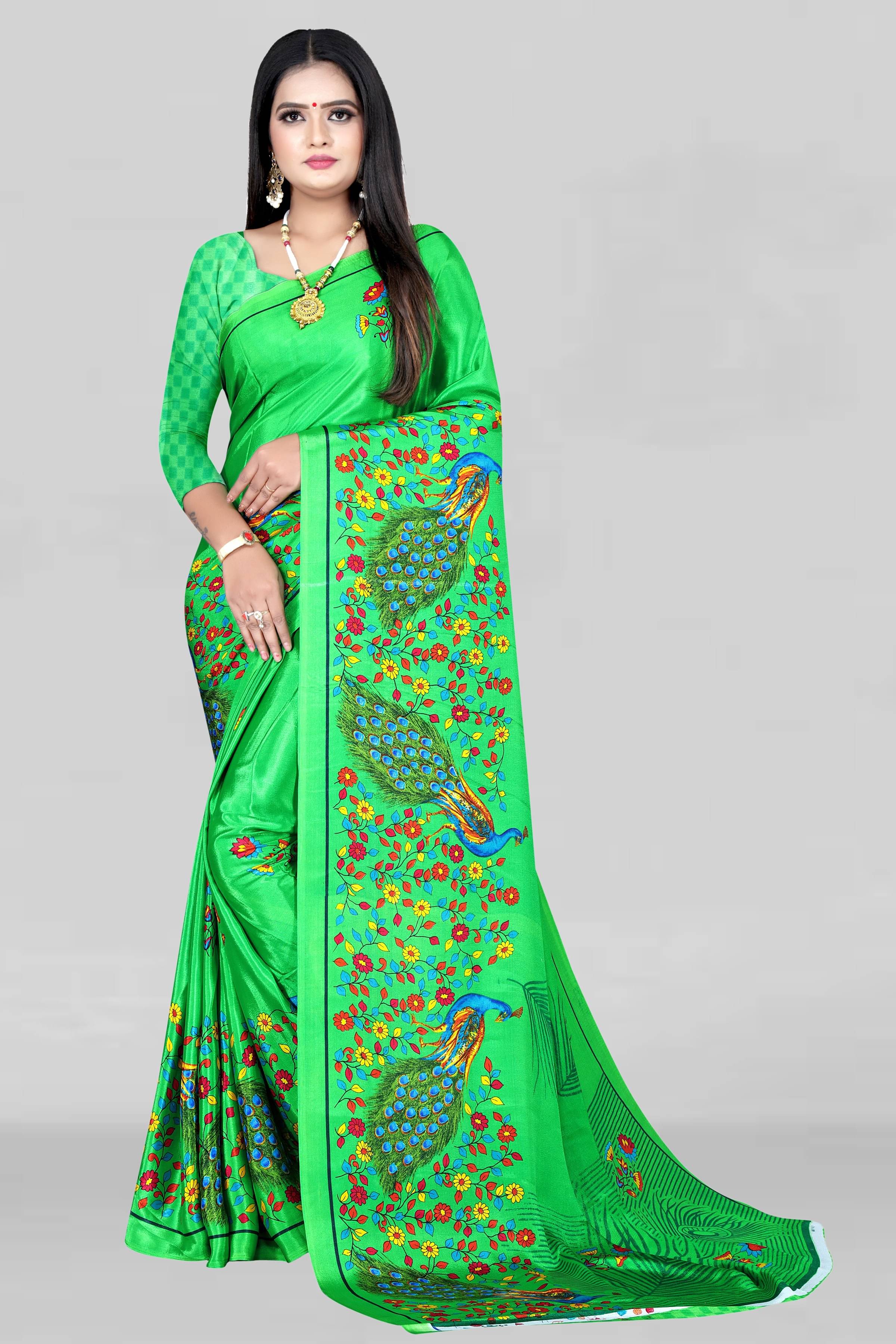 LEELAVATI Crepe Printed Saree With Unstitched Blouse Piece ( Green ) LEELAVATI Crepe Printed Saree With Unstitched Blouse Piece ( Green )