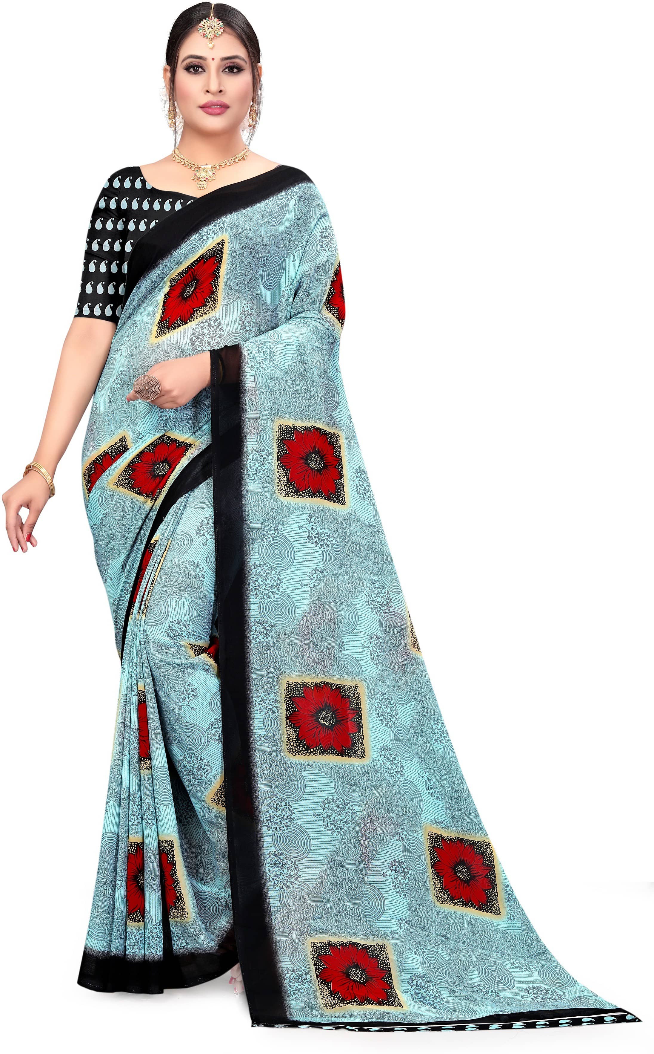 LEELAVATI Georgette Printed Saree With Unstitched Blouse Piece ( Light Blue ) - Sarees | Buy online on ZillyBuy