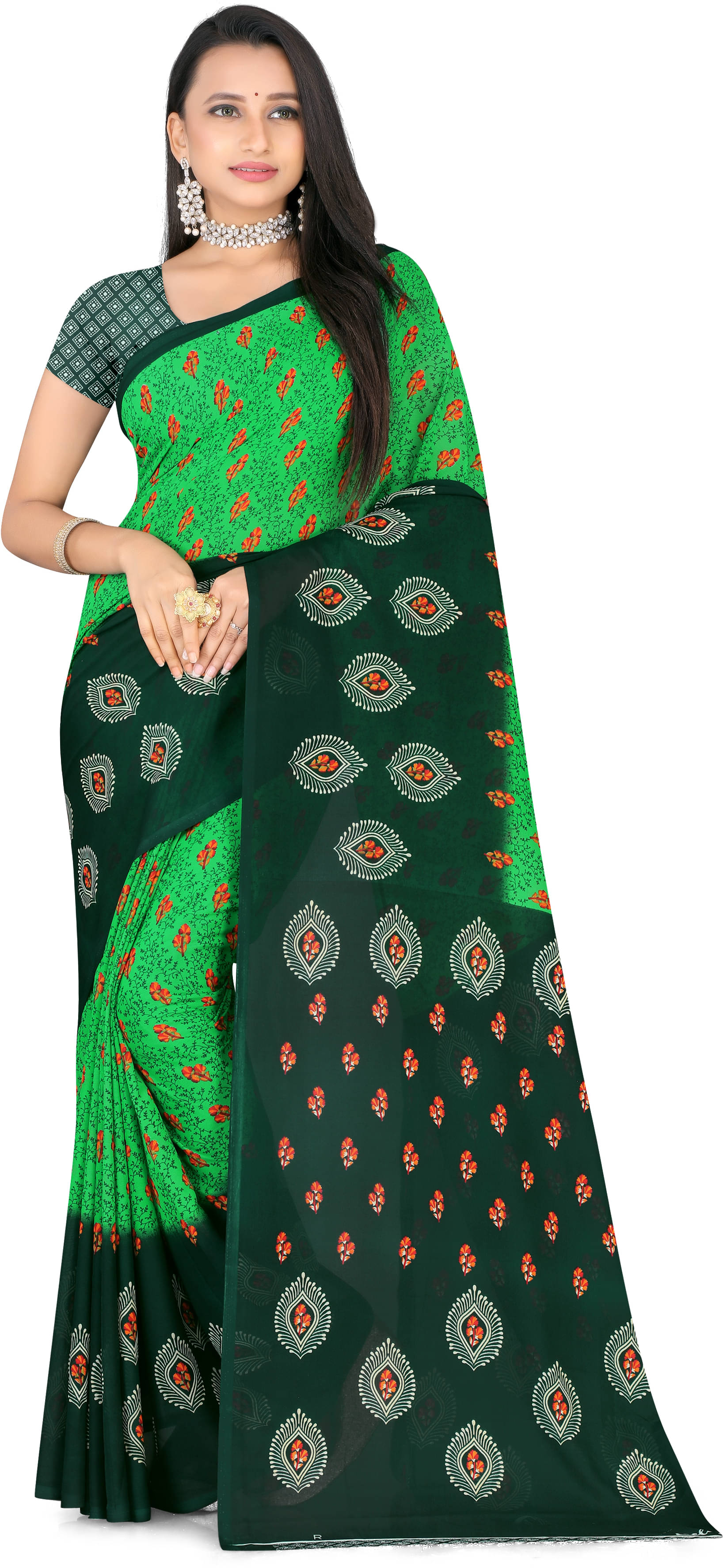     			LEELAVATI Georgette Printed Saree With Unstitched Blouse Piece ( Light Green )