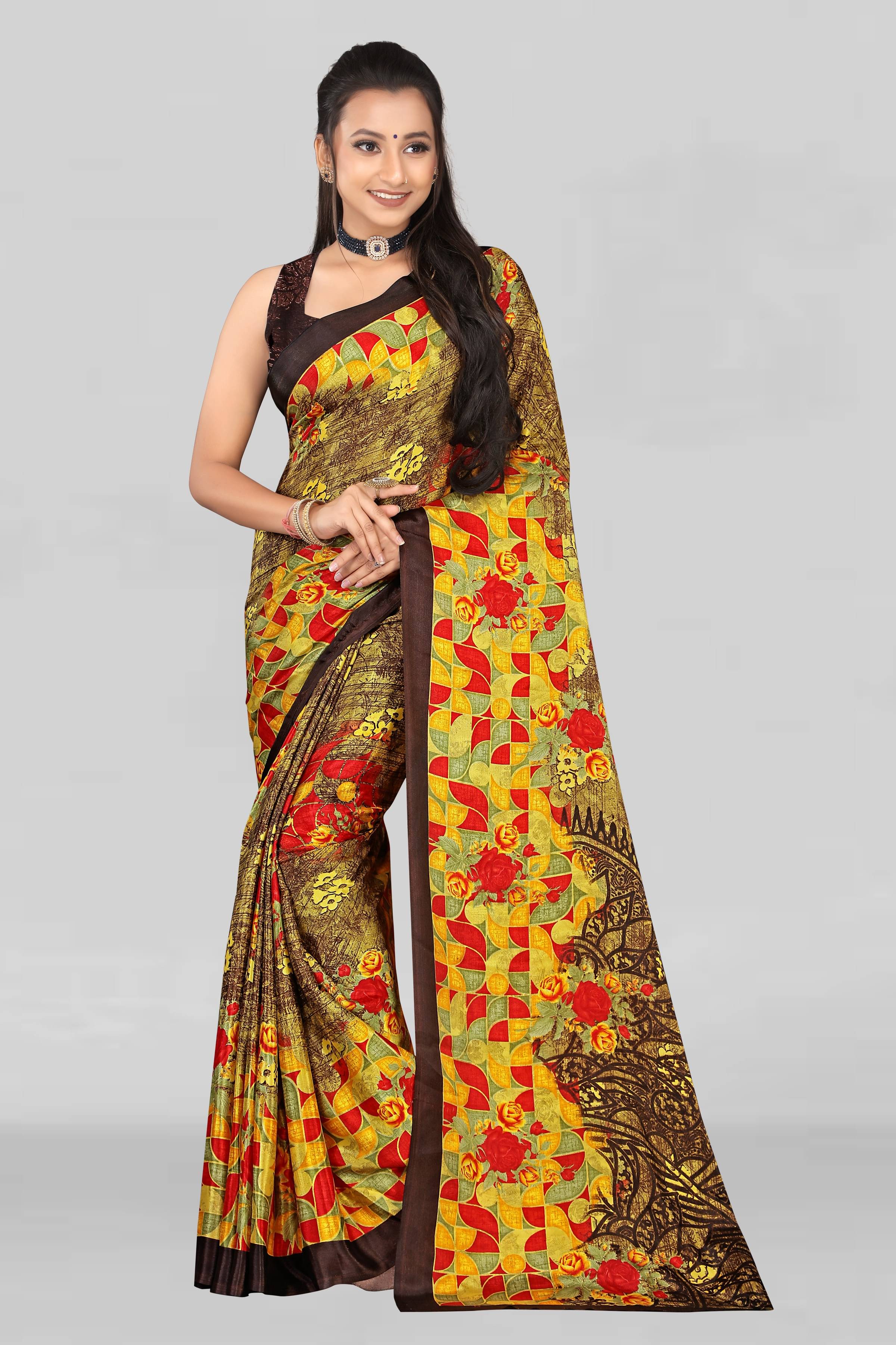 LEELAVATI Crepe Printed Saree With Unstitched Blouse Piece ( Multicolor ) LEELAVATI Crepe Printed Saree With Unstitched Blouse Piece ( Multicolor )