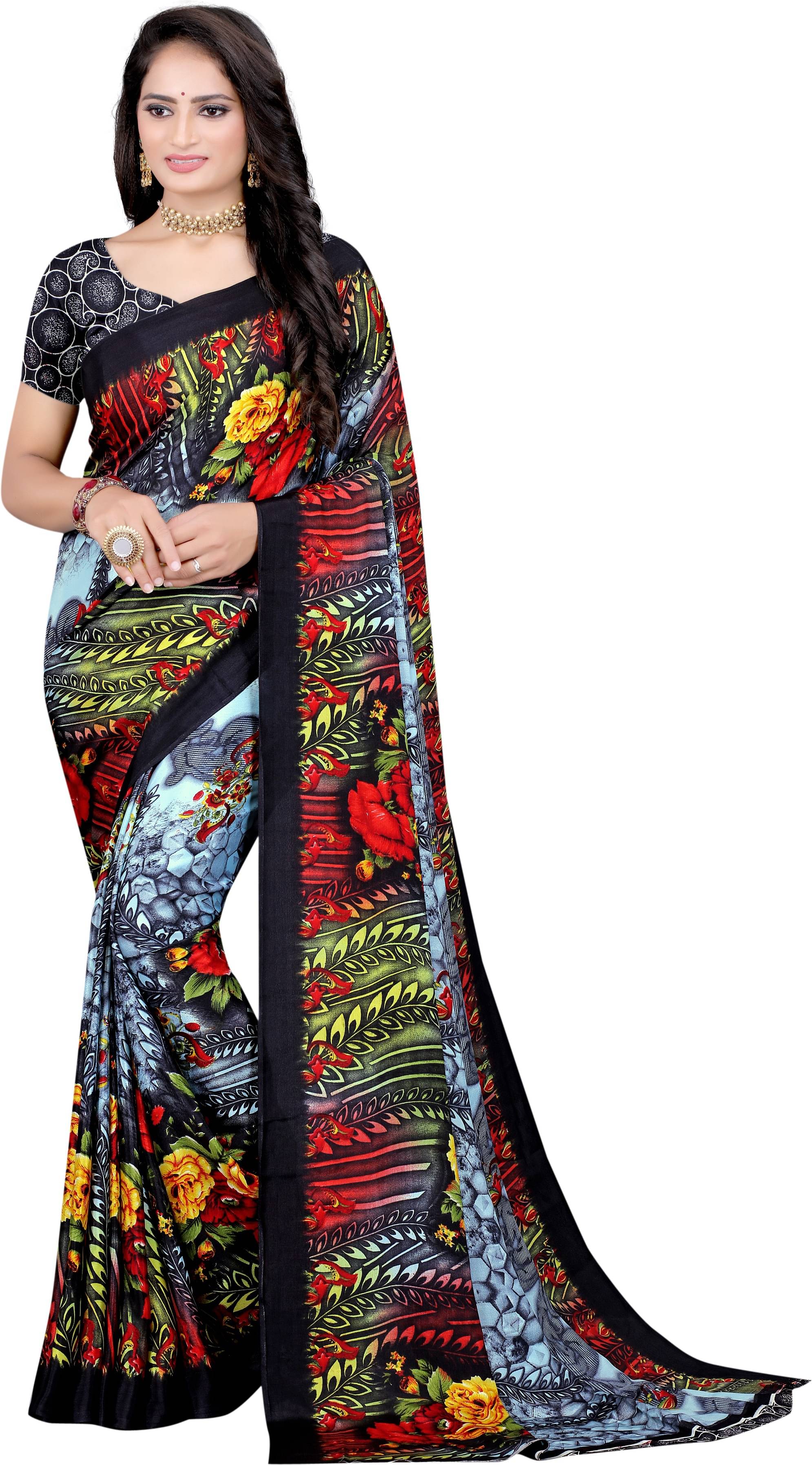 LEELAVATI Crepe Printed Saree With Unstitched Blouse Piece ( Multicolor ) LEELAVATI Crepe Printed Saree With Unstitched Blouse Piece ( Multicolor )