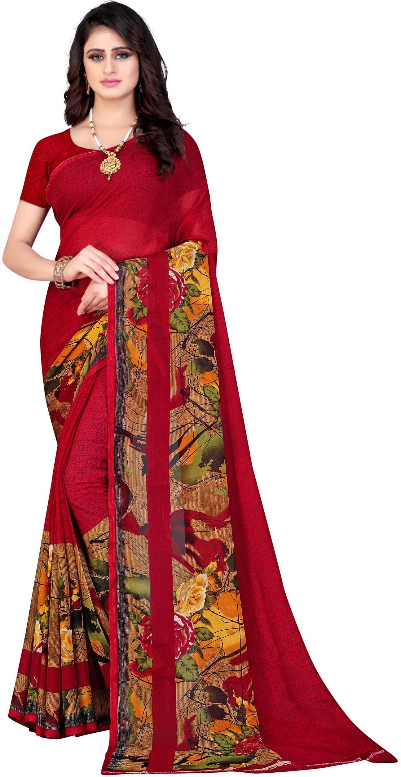 LEELAVATI Georgette Printed Saree With Unstitched Blouse Piece ( Multicolor ) - Sarees | Buy online on ZillyBuy