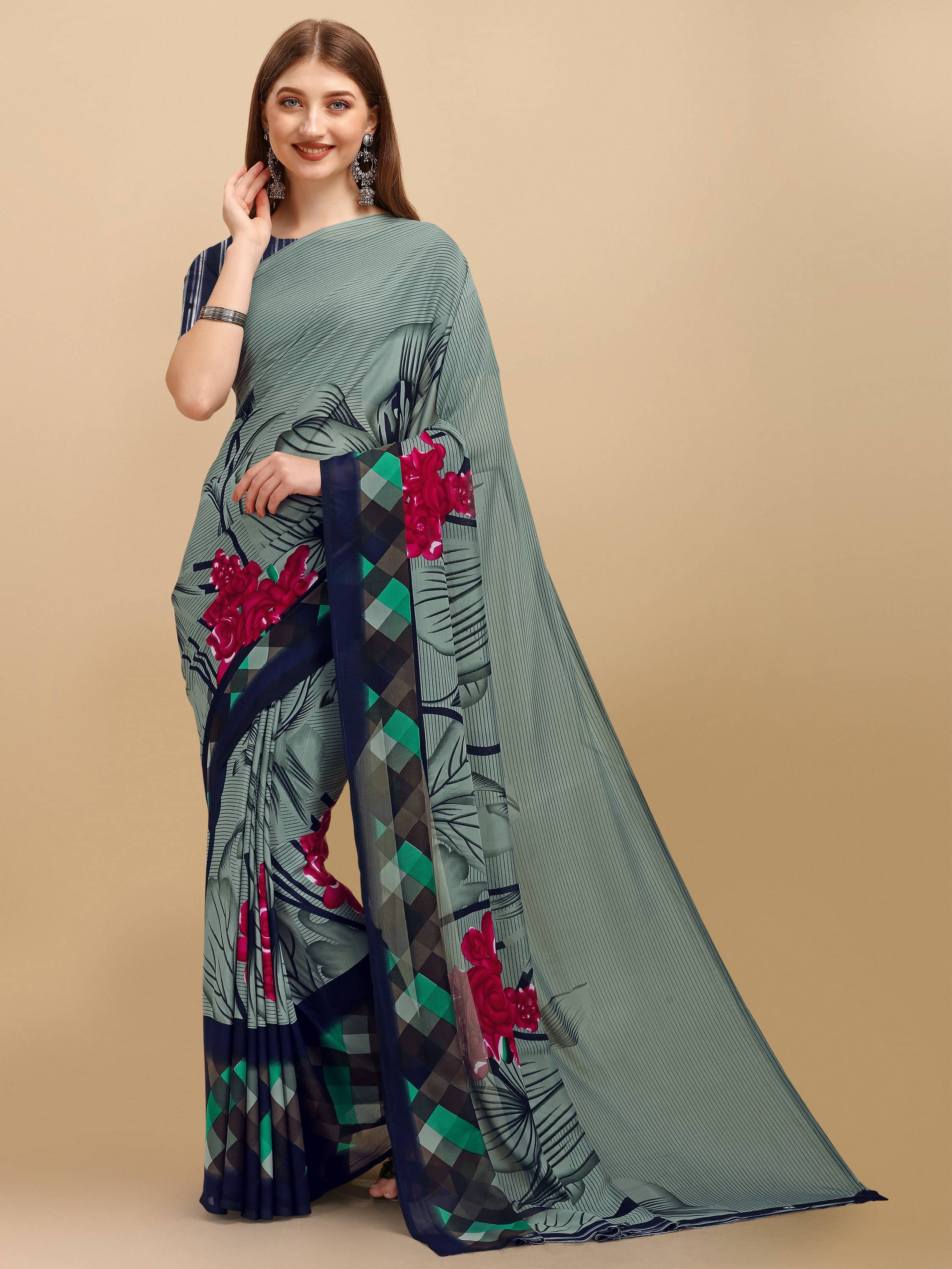LEELAVATI Georgette Printed Saree With Unstitched Blouse Piece ( Multicolor ) - Sarees | Buy online on ZillyBuy