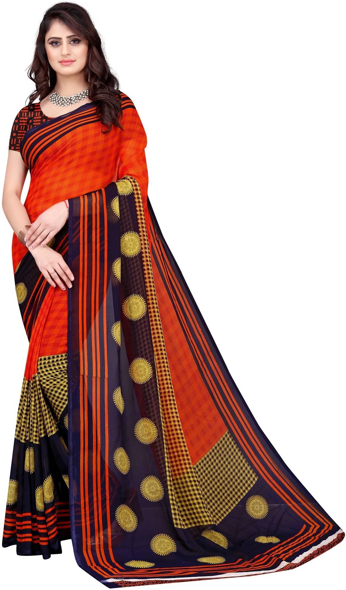     			LEELAVATI Georgette Checks Saree With Unstitched Blouse Piece ( Multicolor )