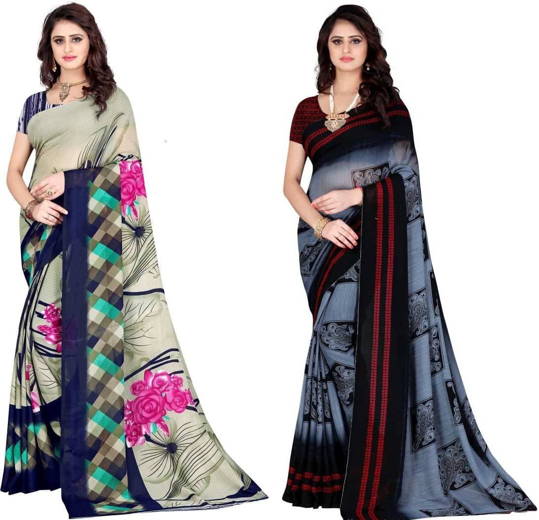 LEELAVATI Georgette Printed Saree With Unstitched Blouse Piece ( Multicolor ) - Sarees | Buy online on ZillyBuy