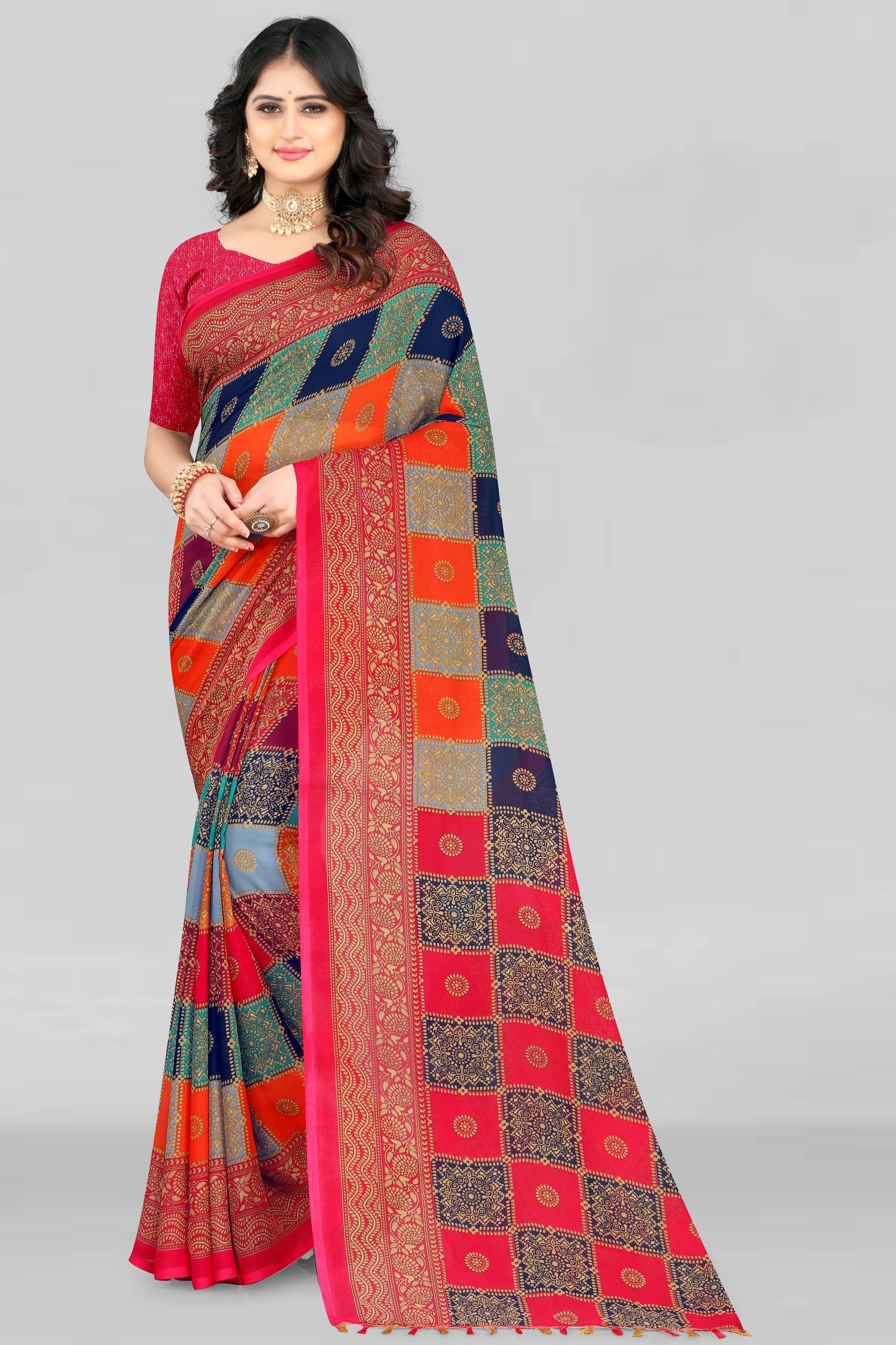 LEELAVATI Georgette Embroidered Saree With Unstitched Blouse Piece ( Multicolor ) LEELAVATI Georgette Embroidered Saree With Unstitched Blouse Piece ( Multicolor )