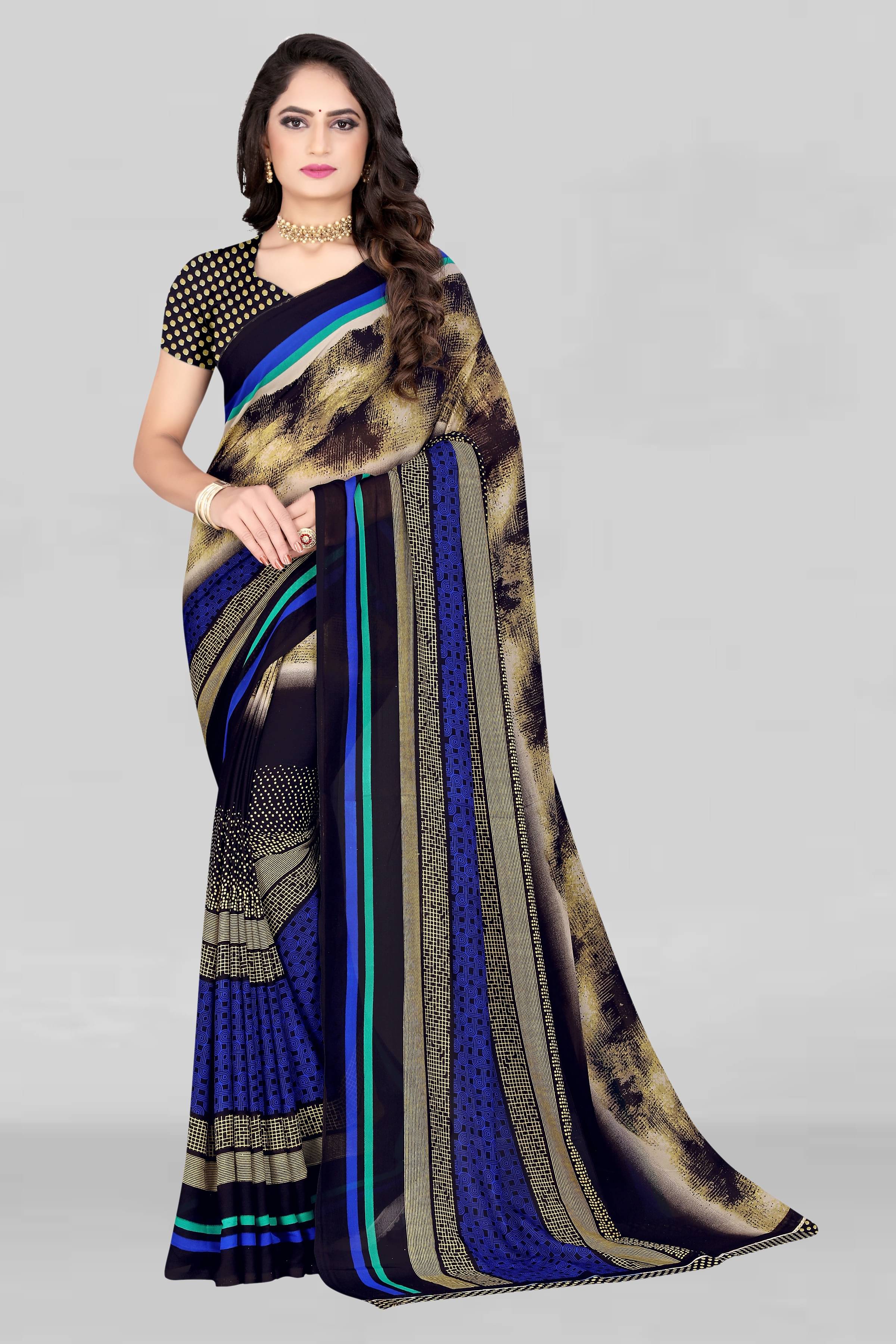 LEELAVATI Georgette Striped Saree With Unstitched Blouse Piece ( Multicolor ) LEELAVATI Georgette Striped Saree With Unstitched Blouse Piece ( Multicolor )