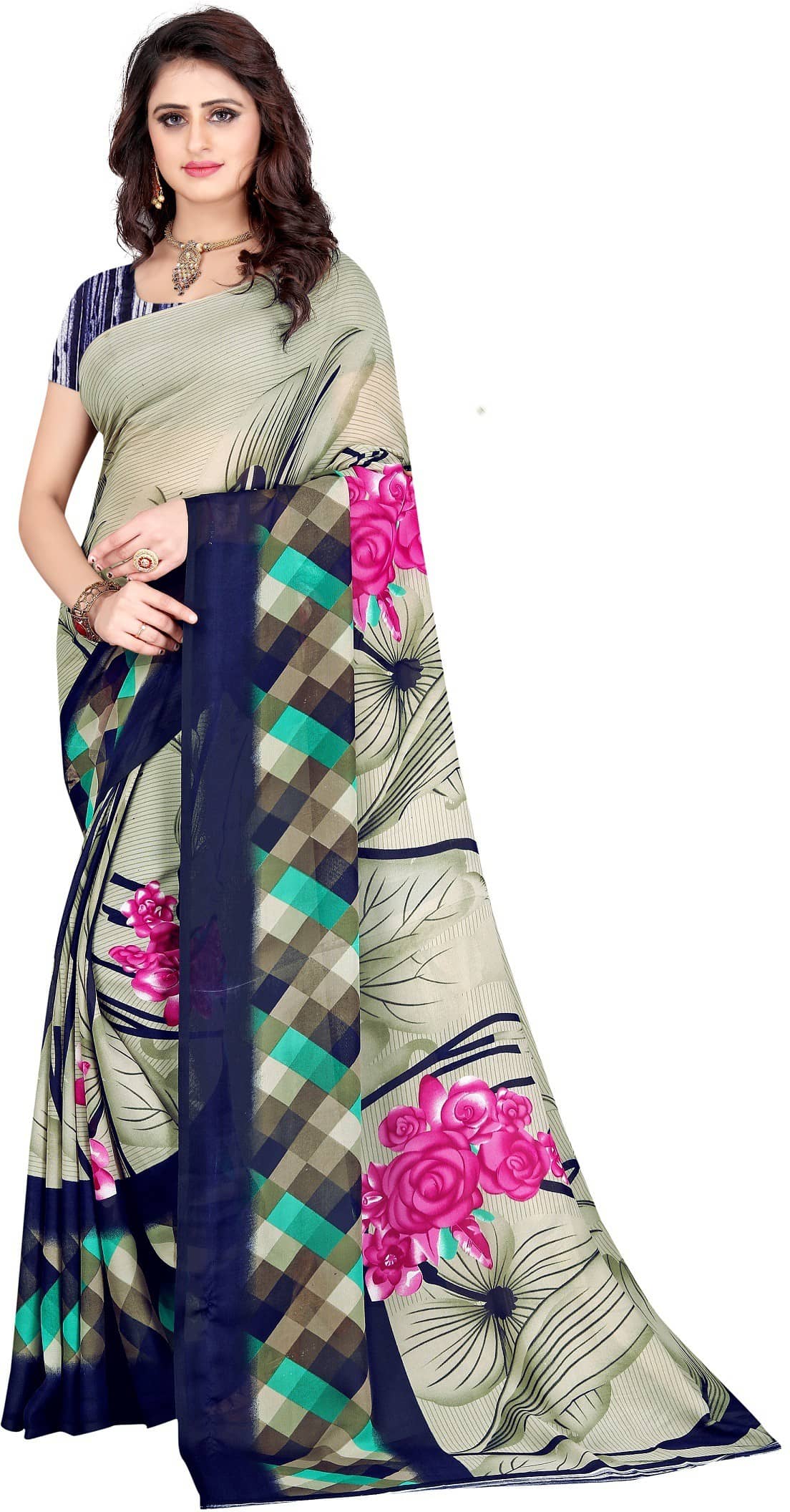 LEELAVATI Georgette Printed Saree With Unstitched Blouse Piece ( Multicolor ) - Sarees | Buy online on ZillyBuy
