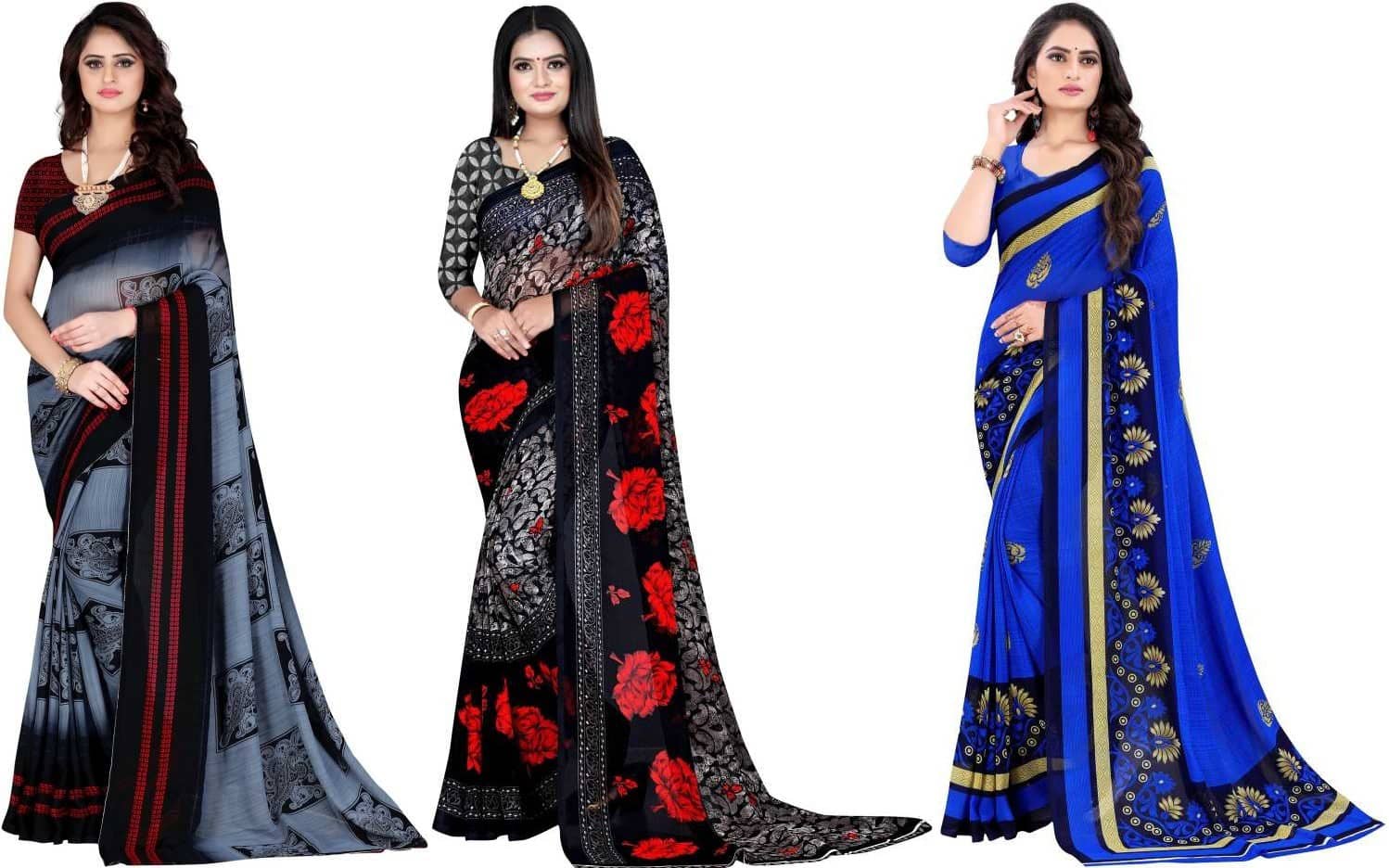 LEELAVATI - Multicolor Georgette Saree With Blouse Piece ( Pack of 3 ) - Sarees | Buy online on ZillyBuy