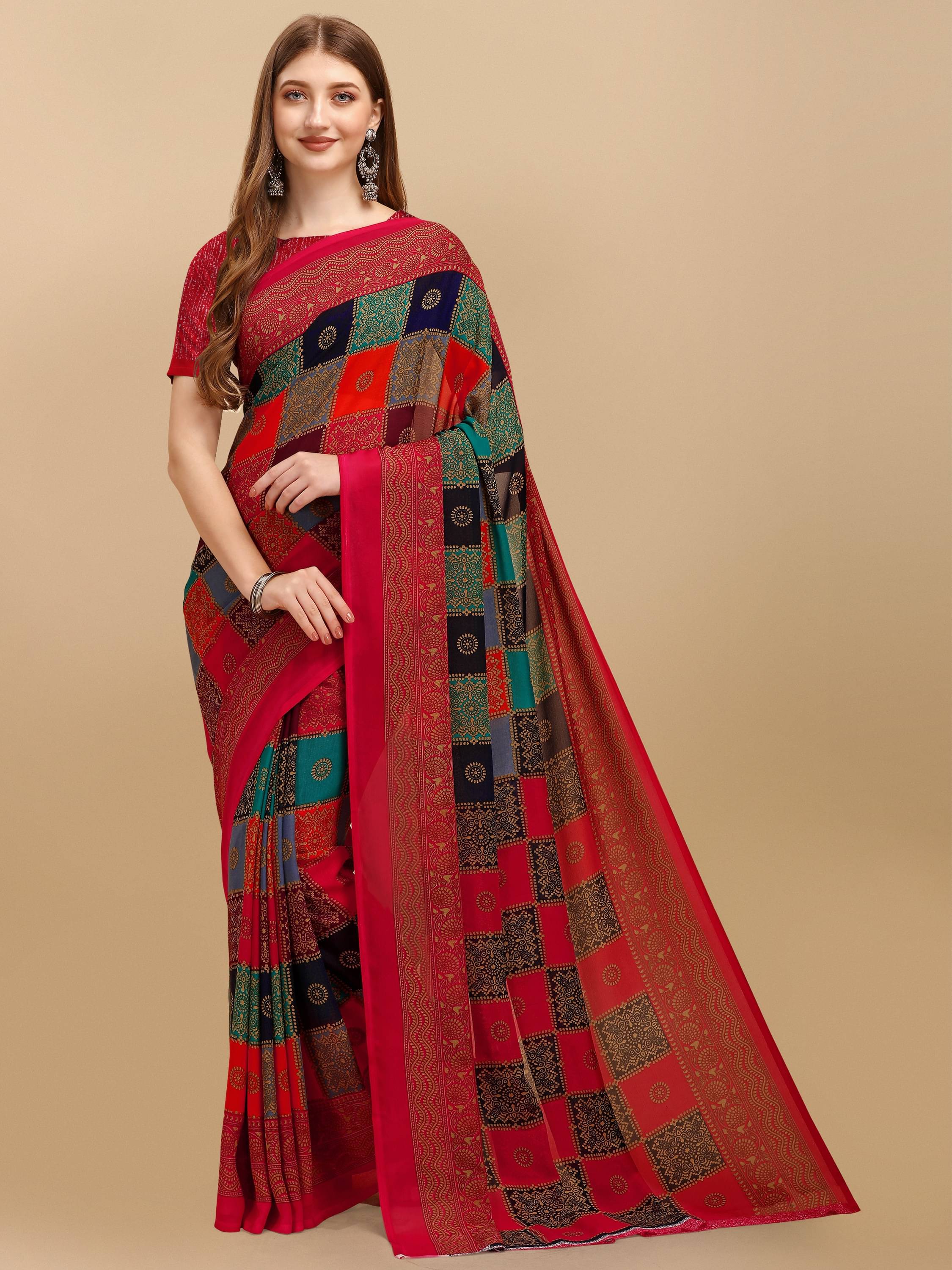 LEELAVATI Georgette Printed Saree With Unstitched Blouse Piece ( Multicolor ) LEELAVATI Georgette Printed Saree With Unstitched Blouse Piece ( Multicolor )