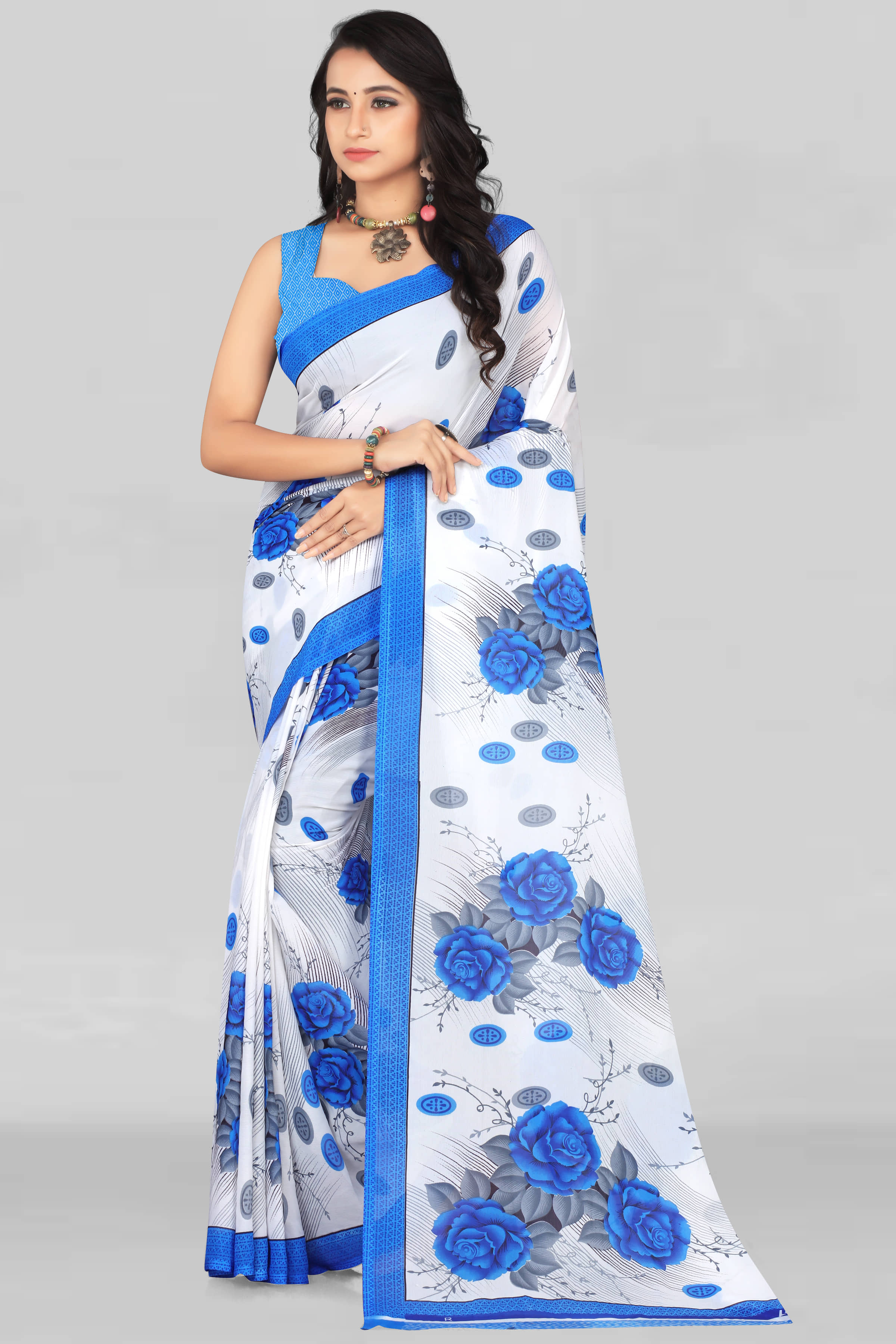 LEELAVATI Georgette Printed Saree With Unstitched Blouse Piece ( Multicolor ) - Sarees | Buy online on ZillyBuy