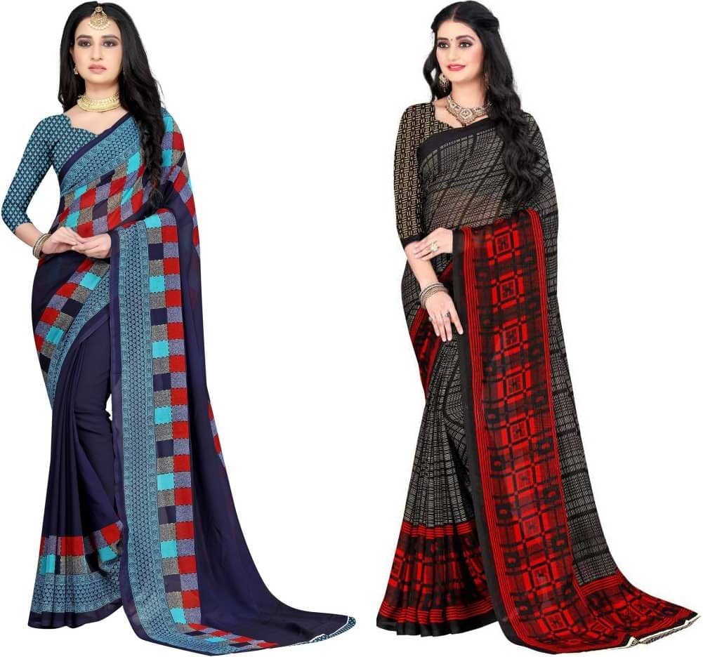 LEELAVATI Georgette Checks Saree With Unstitched Blouse Piece ( Multicolor ) - Sarees | Buy online on ZillyBuy