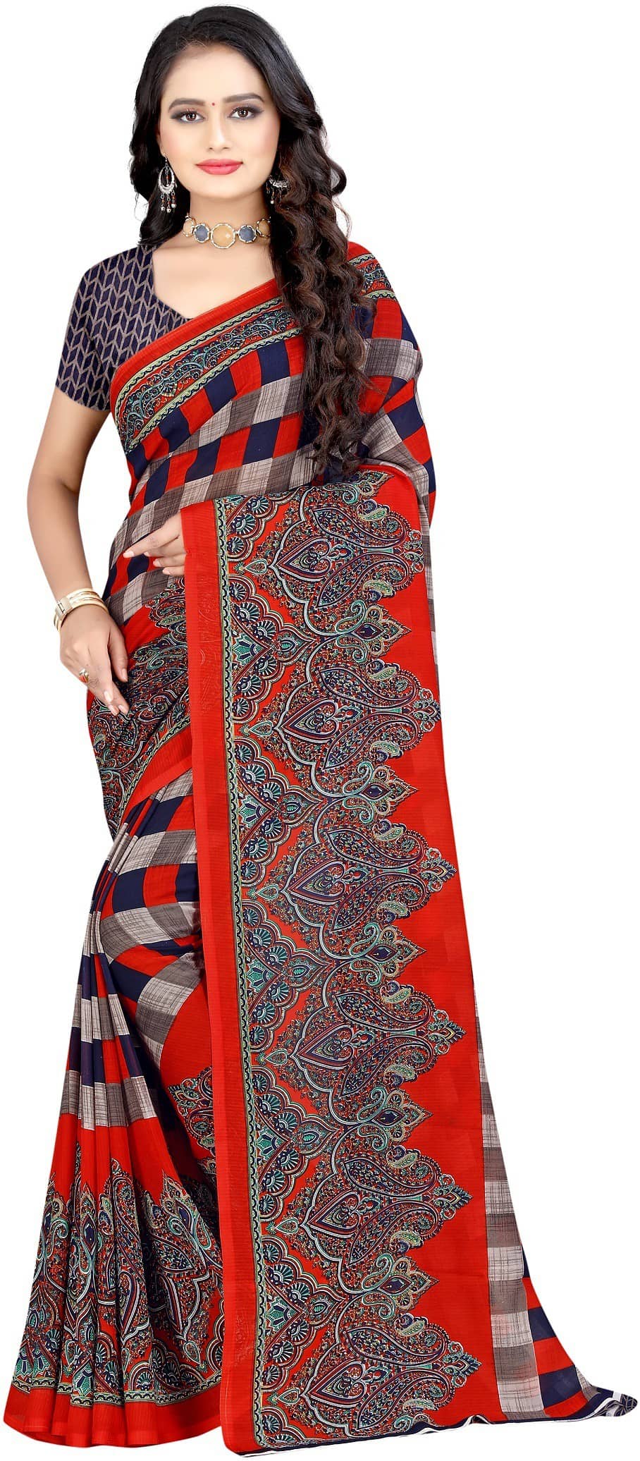 LEELAVATI Georgette Checks Saree With Unstitched Blouse Piece ( Multicolor ) - Sarees | Buy online on ZillyBuy