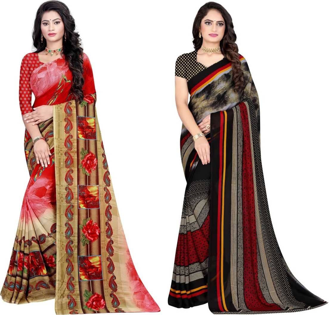 LEELAVATI Georgette Printed Saree With Unstitched Blouse Piece ( Multicolor ) - Sarees | Buy online on ZillyBuy