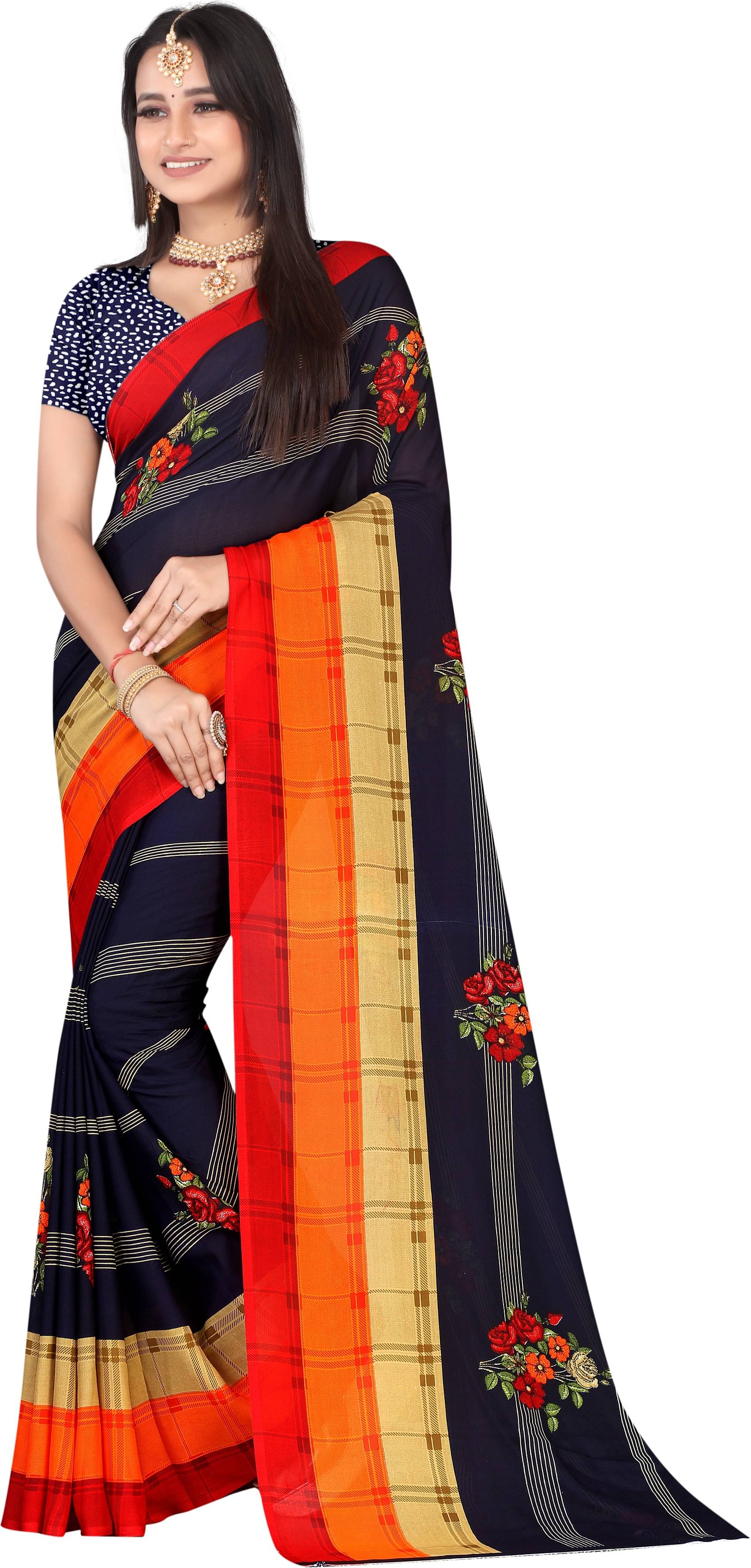     			LEELAVATI Georgette Printed Saree With Unstitched Blouse Piece ( Navy Blue )