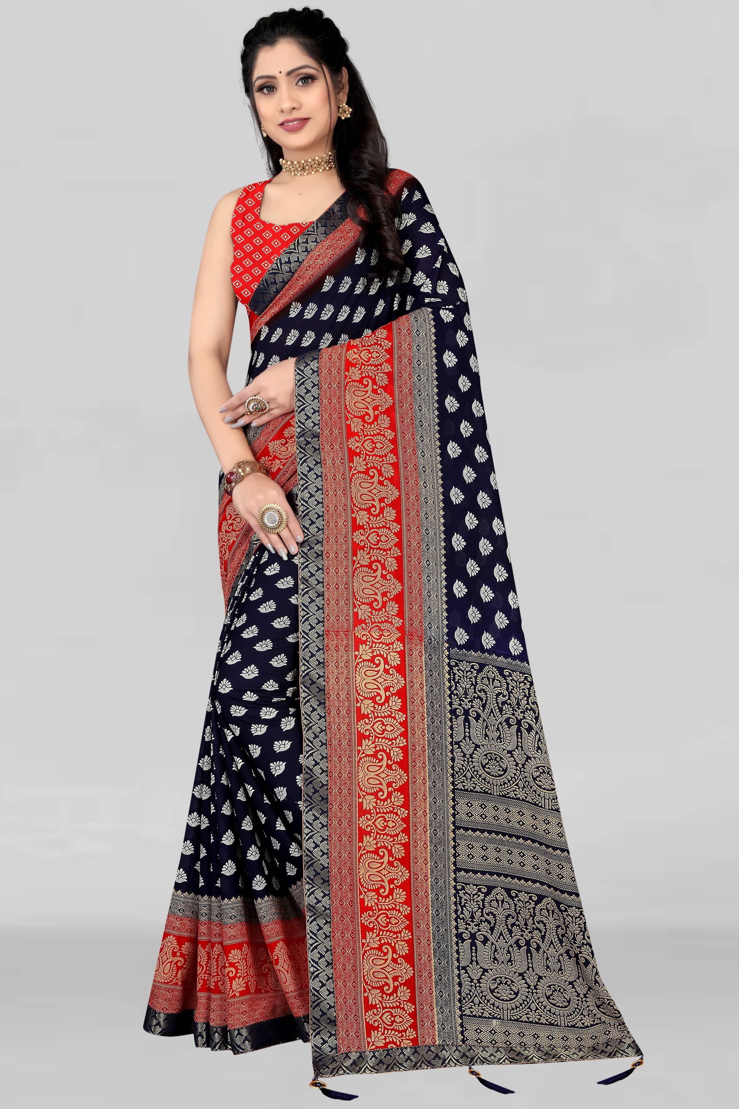 LEELAVATI Georgette Embroidered Saree With Unstitched Blouse Piece ( Navy Blue ) - Sarees | Buy online on ZillyBuy