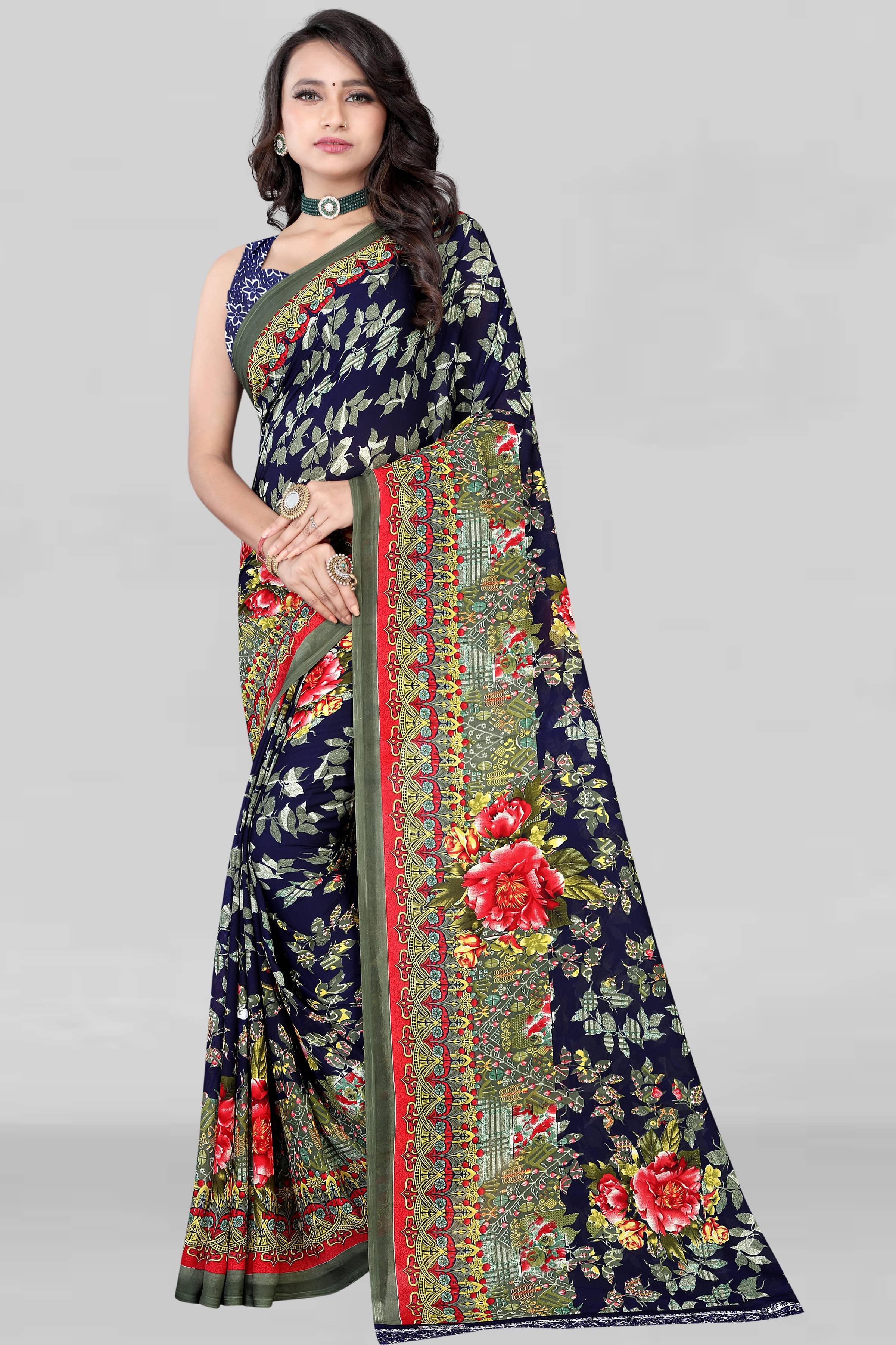 LEELAVATI Georgette Printed Saree With Unstitched Blouse Piece ( Navy Blue ) - Sarees | Buy online on ZillyBuy